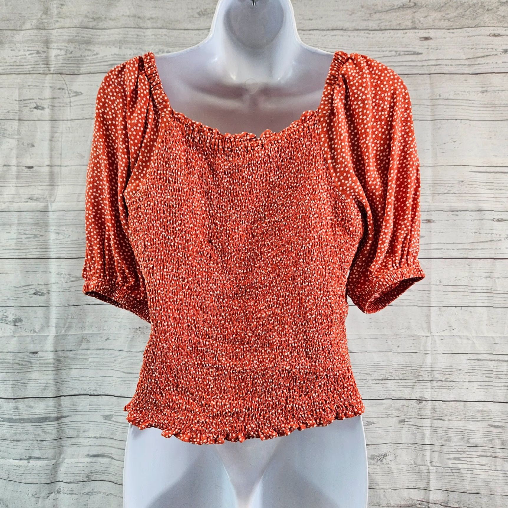Loft Ann Taylor LOFT Womens Smocked Crop Top Sz Small Red/Orange Spotted Rayon Size S / US 4 / IT 40 - 4 Thumbnail