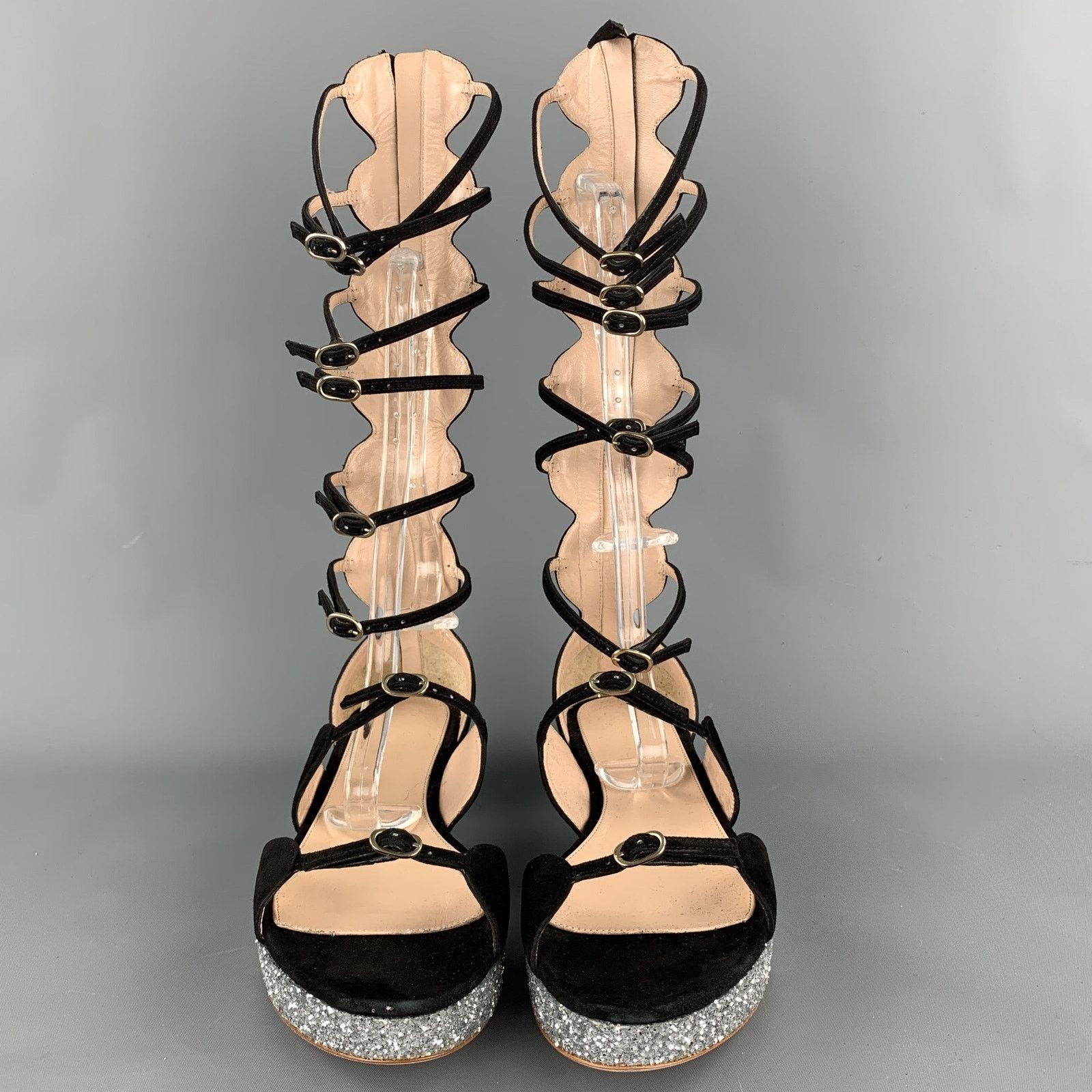 Giambattista Valli Size 8 Black Suede Glitter Gladiator Sandals Size US 8 / IT 38 - 1 Thumbnail