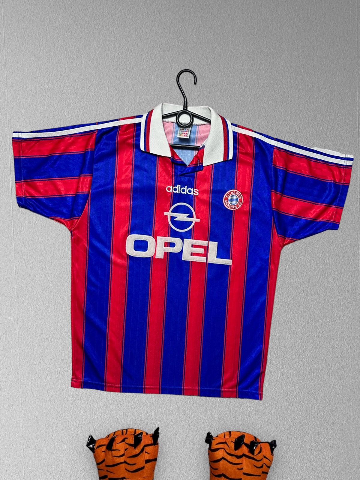 image of Vintage Adidas Bayern Munich Soccer Jersey Opel in Striped, Men's (Size Medium)