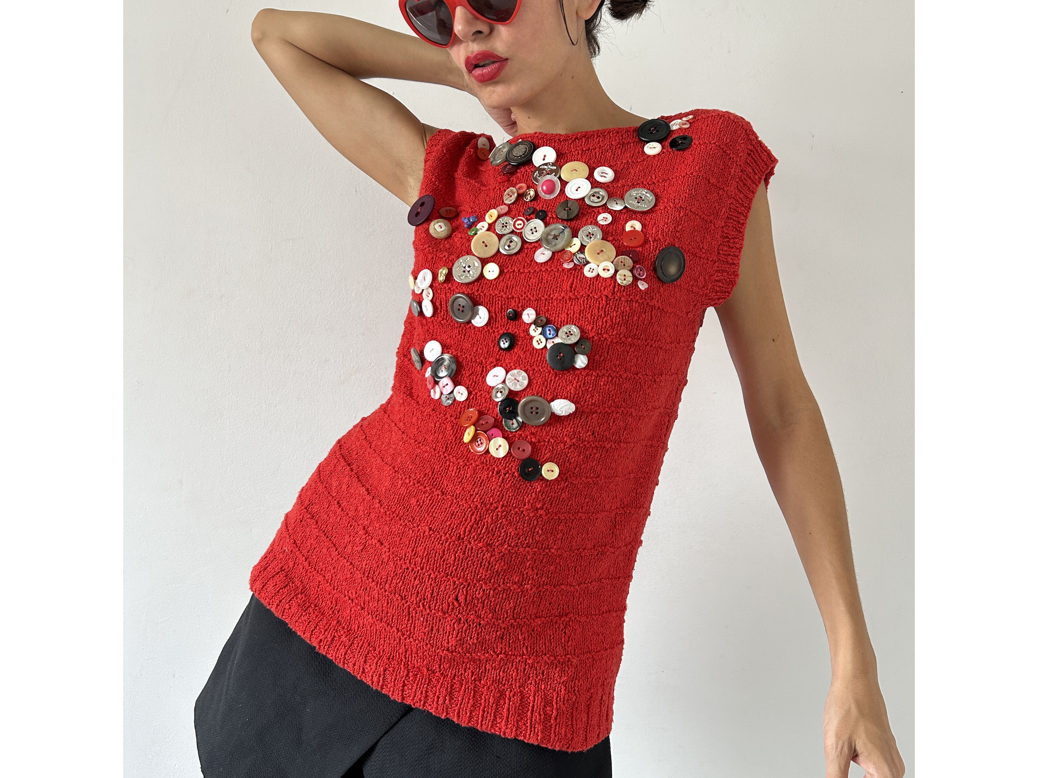 Custommade Reworked Hand-Knit Red Vest: Vintage Button Embellished Top Size ONE SIZE - 6 Thumbnail
