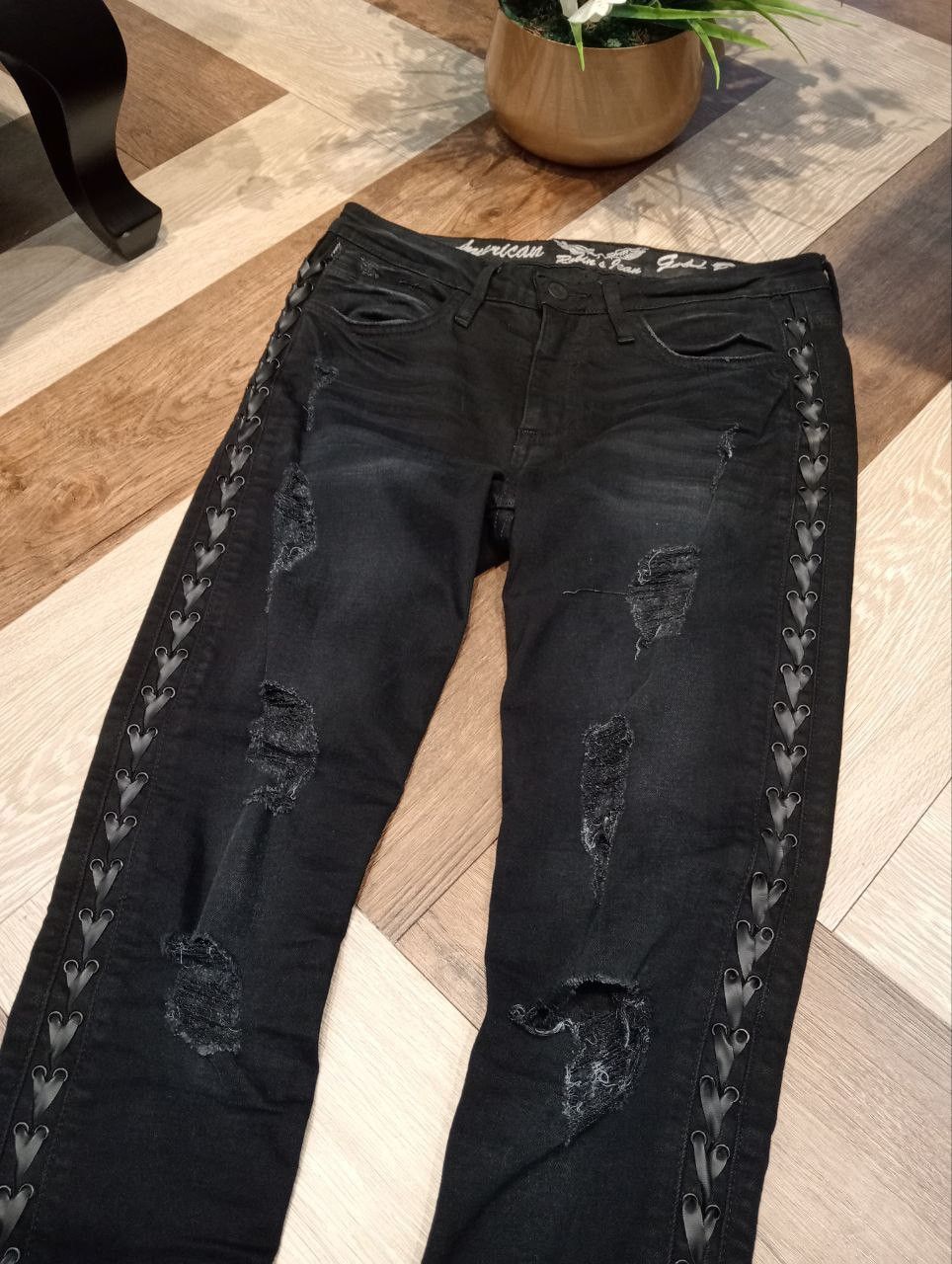 Robins Jeans ROBIN'S JEAN BLACK RIPPED FINISH LACE UP STRETCH SKINNY PANT Size 28" / US 6 / IT 42 - 5 Thumbnail