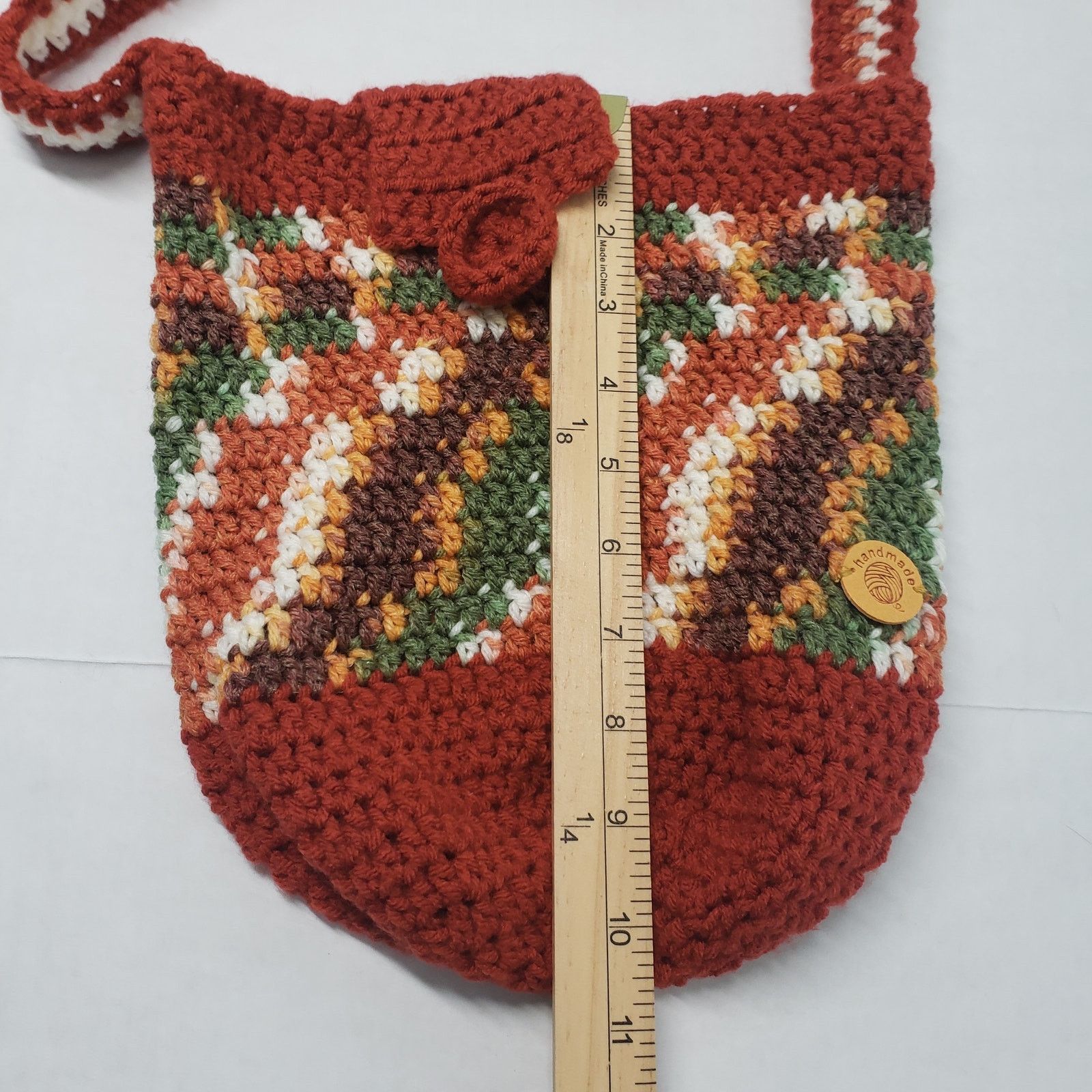 Handmade Striped Crochet Crossbody Bucket Bag Brown Small Handmade Size ONE SIZE - 8 Thumbnail