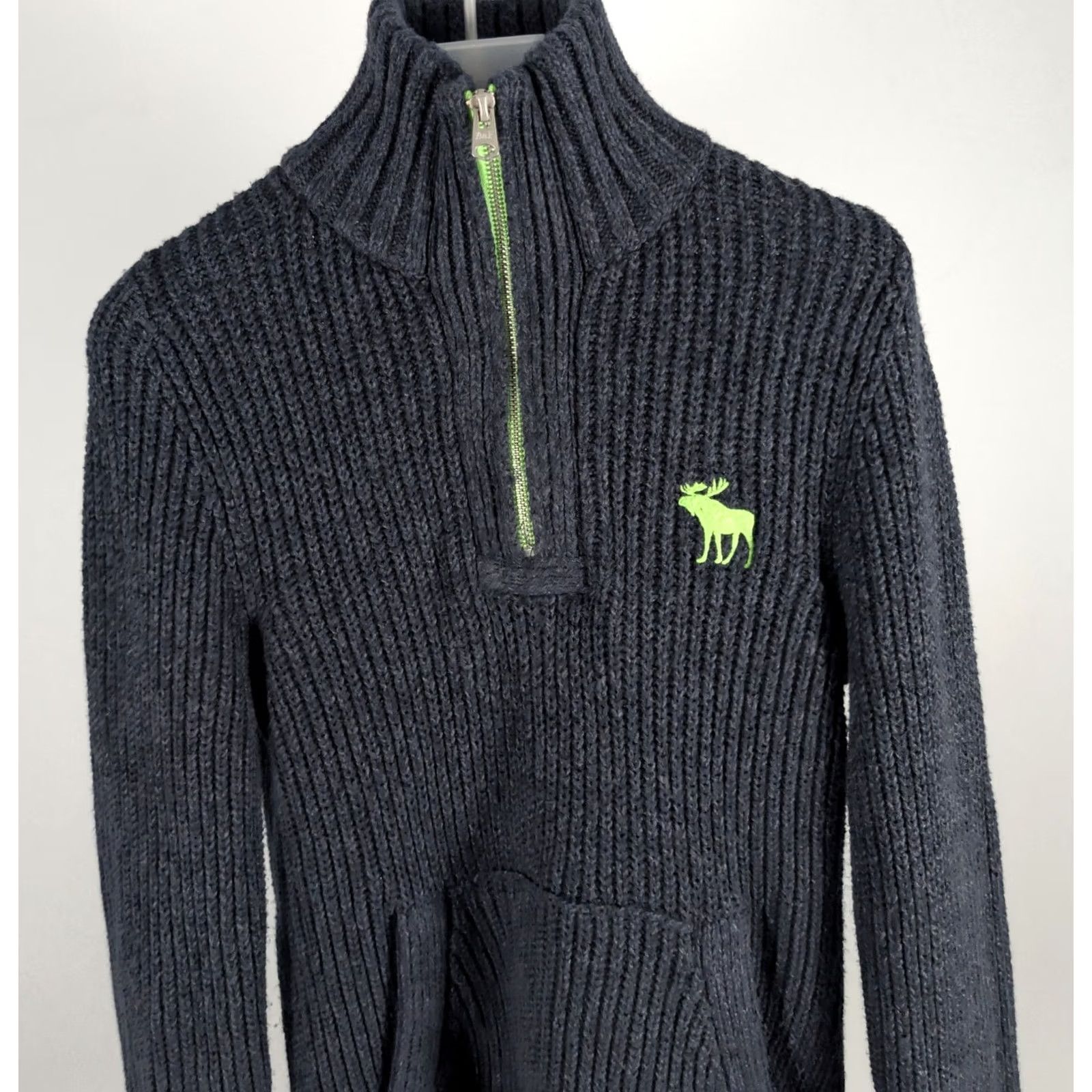 Abercrombie & Fitch VINTAGE Abercrombie & Fitch Quarter Zip Sweater Charcoal Grey Neon Green S Moose Pocket Womens Sweater Long Sleeve Pullover Size S / US 4 / IT 40 - 3 Thumbnail