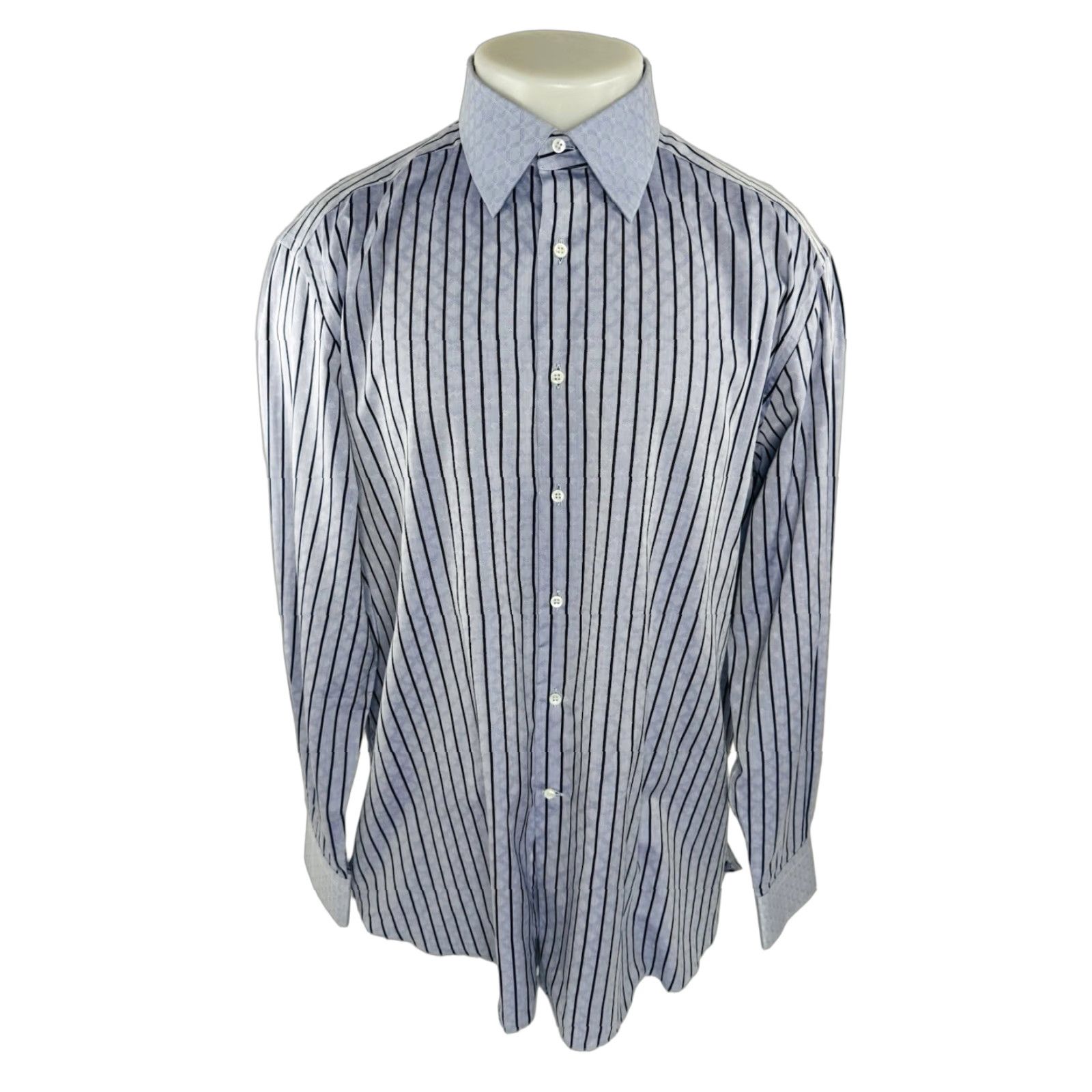 Stefano Ricci STEFANO RICCI Dress Shirt Striped Cuff Collar Mens 17 43 Blue/Black Long Sleeve Shirt Size US XL / EU 56 / 4 - 1 Thumbnail