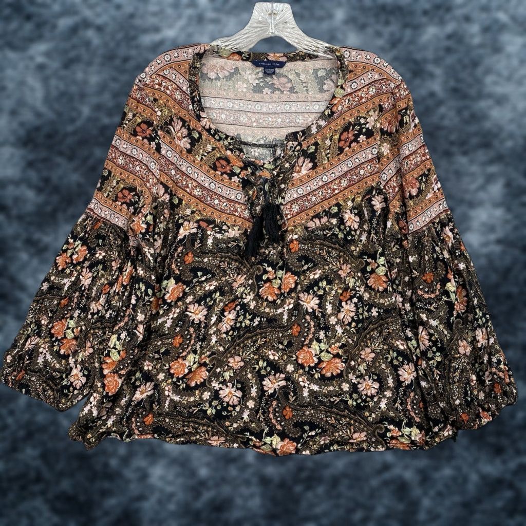 Vintage VINTAGE American Eagle Blouse XL Tassels Floral Lace Up Boho Bohemian Shirt Womens Size XL / US 12-14 / IT 48-50 - 1 Thumbnail