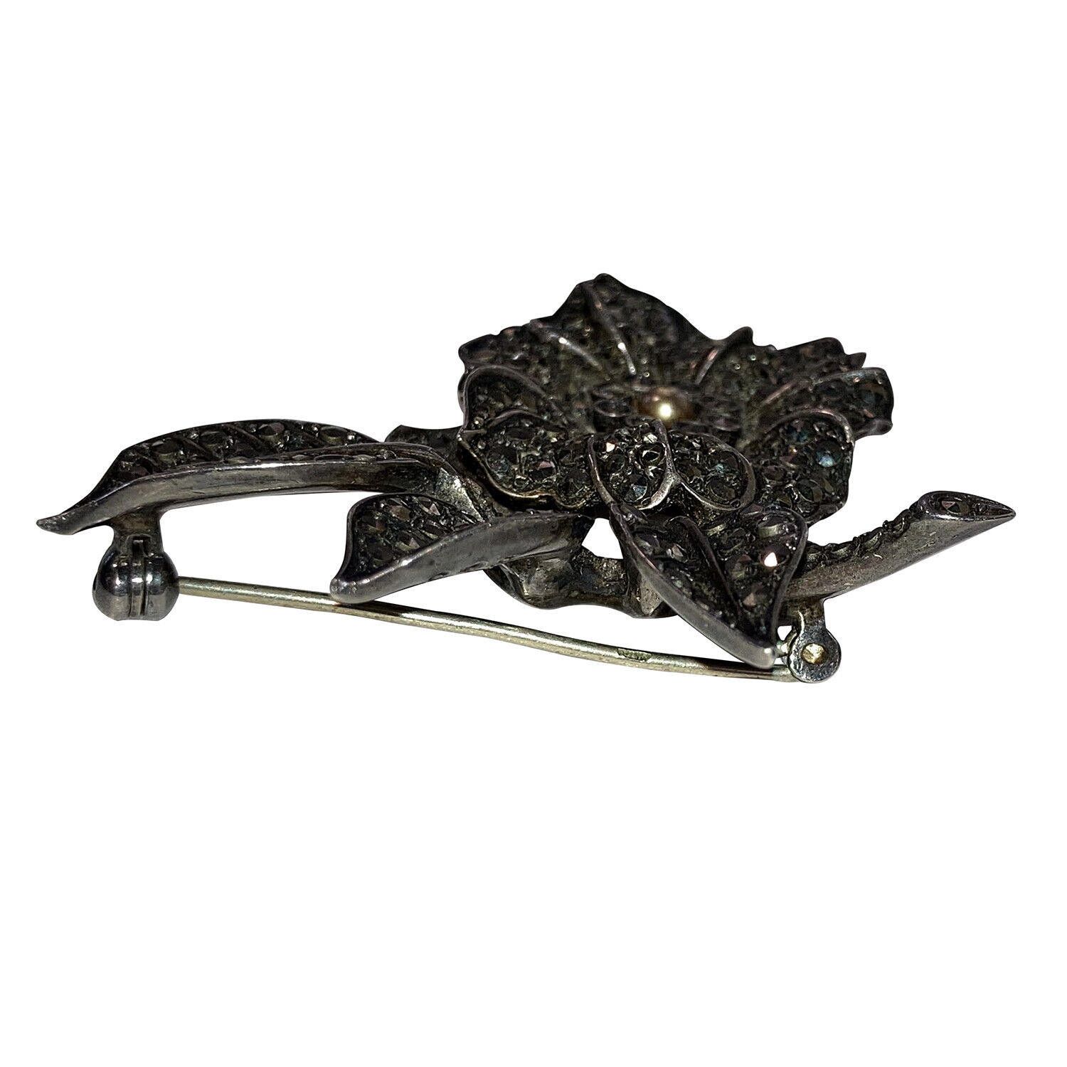 Designer Art Deco 800 Silver Marcasite Flower with Leaves Pin Brooch Size ONE SIZE - 4 Thumbnail