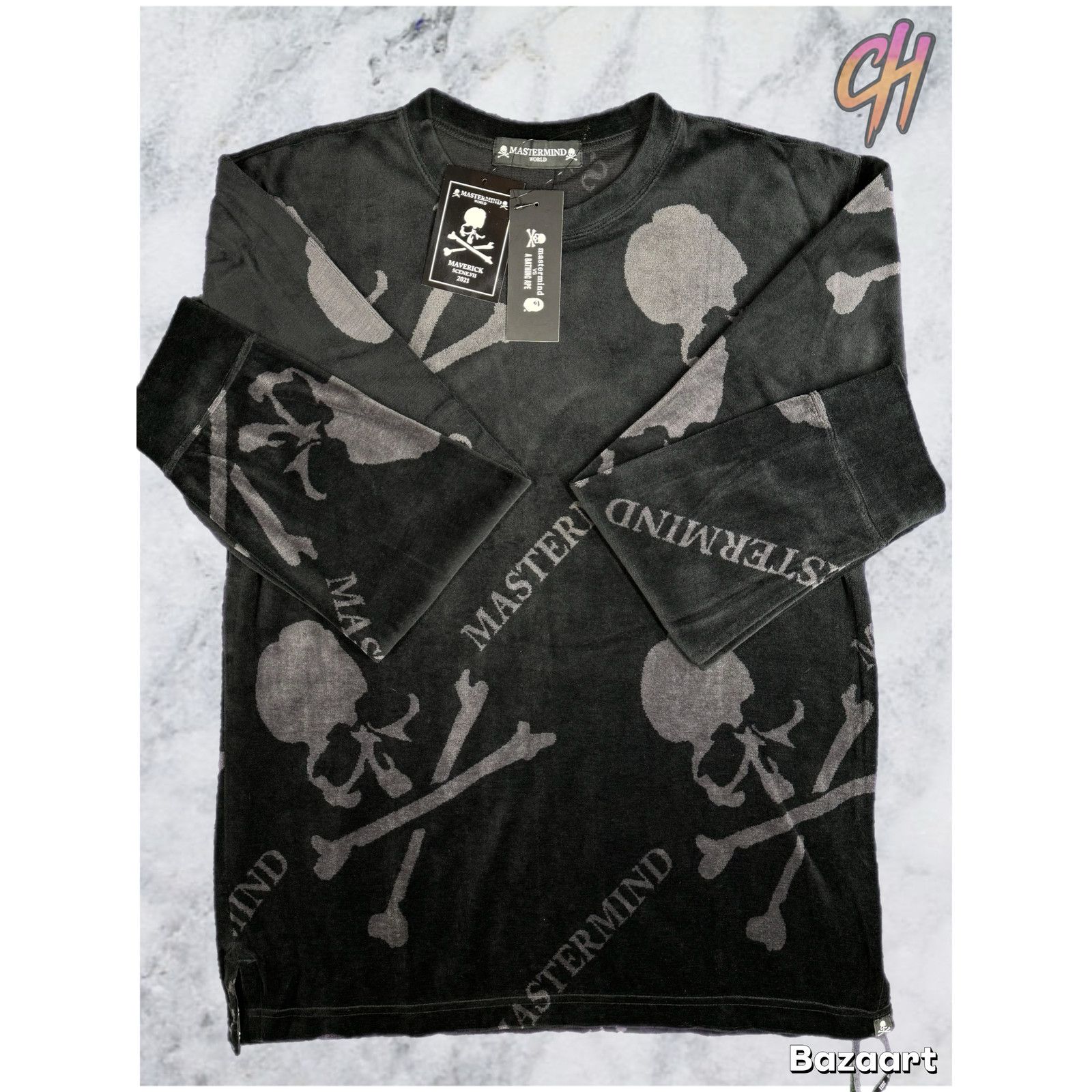 Mastermind Vs. Bape Velour Black All Over L/S Shirt Size SM