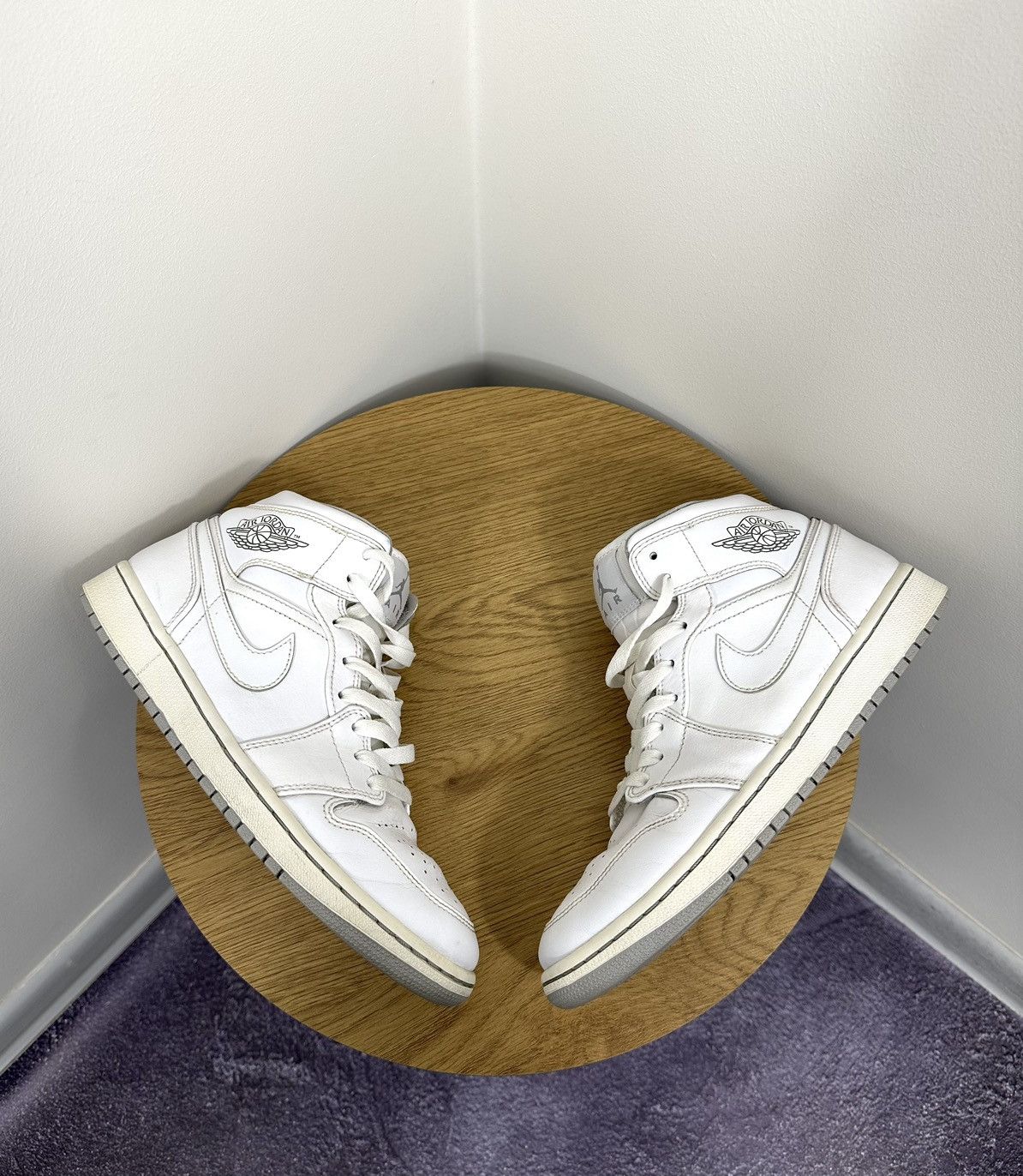 image of Jordan Vintage Jordan 1 Mid White Wolf Grey Vintage Sneakers Y2K, Men's (Size 8)