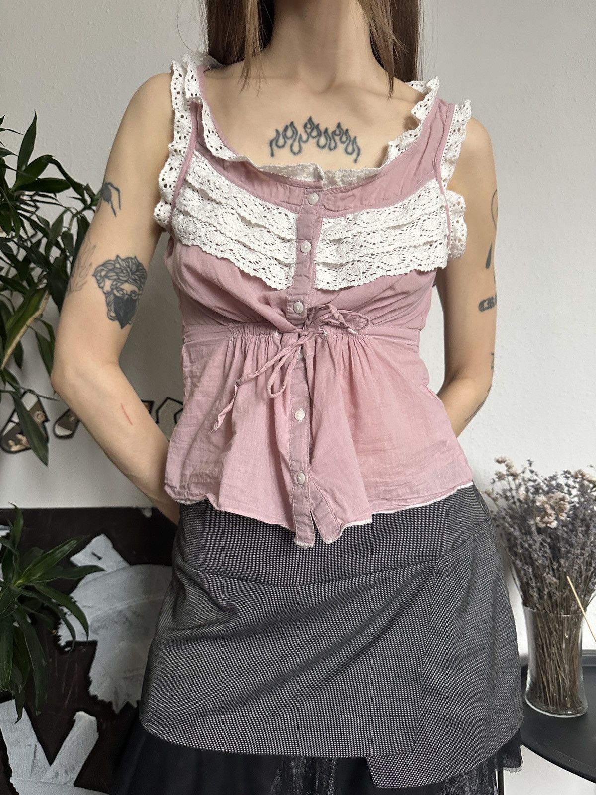 Designer × Vintage Vintage Powder Pink Lace Cute Babydoll Blouse 00s Size M / US 6-8 / IT 42-44 - 3 Thumbnail