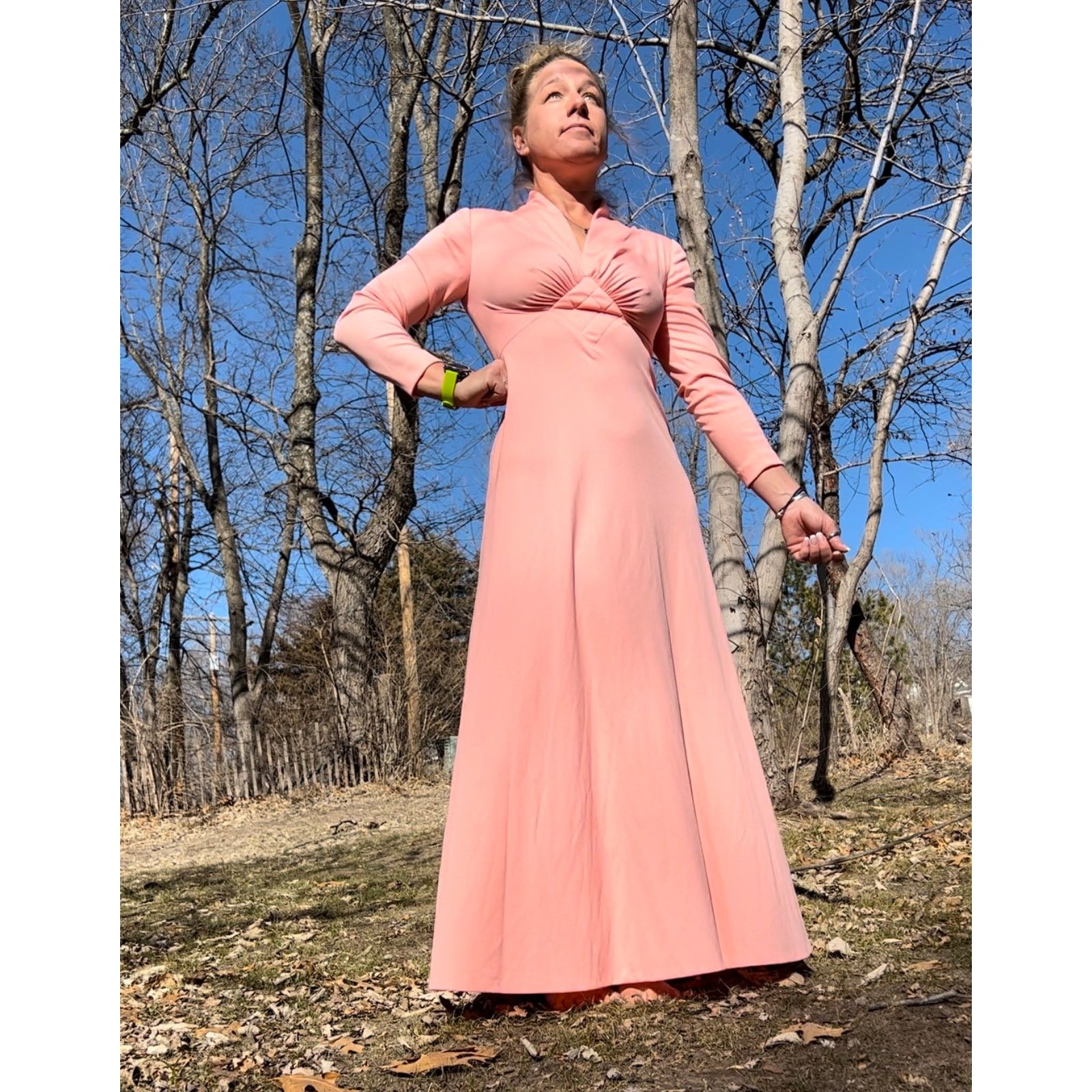 Vint 60s Peach Coral Polyester A Line Long Sleeve Maxi Dress