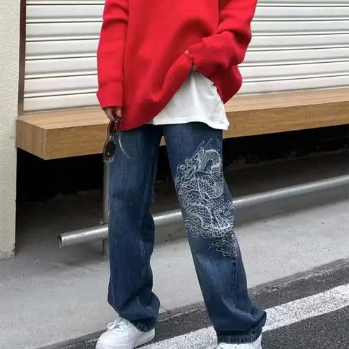 image of Streetwear Dragon Embroidery Straight Baggy Pants in Blue, Men's (Size 26)