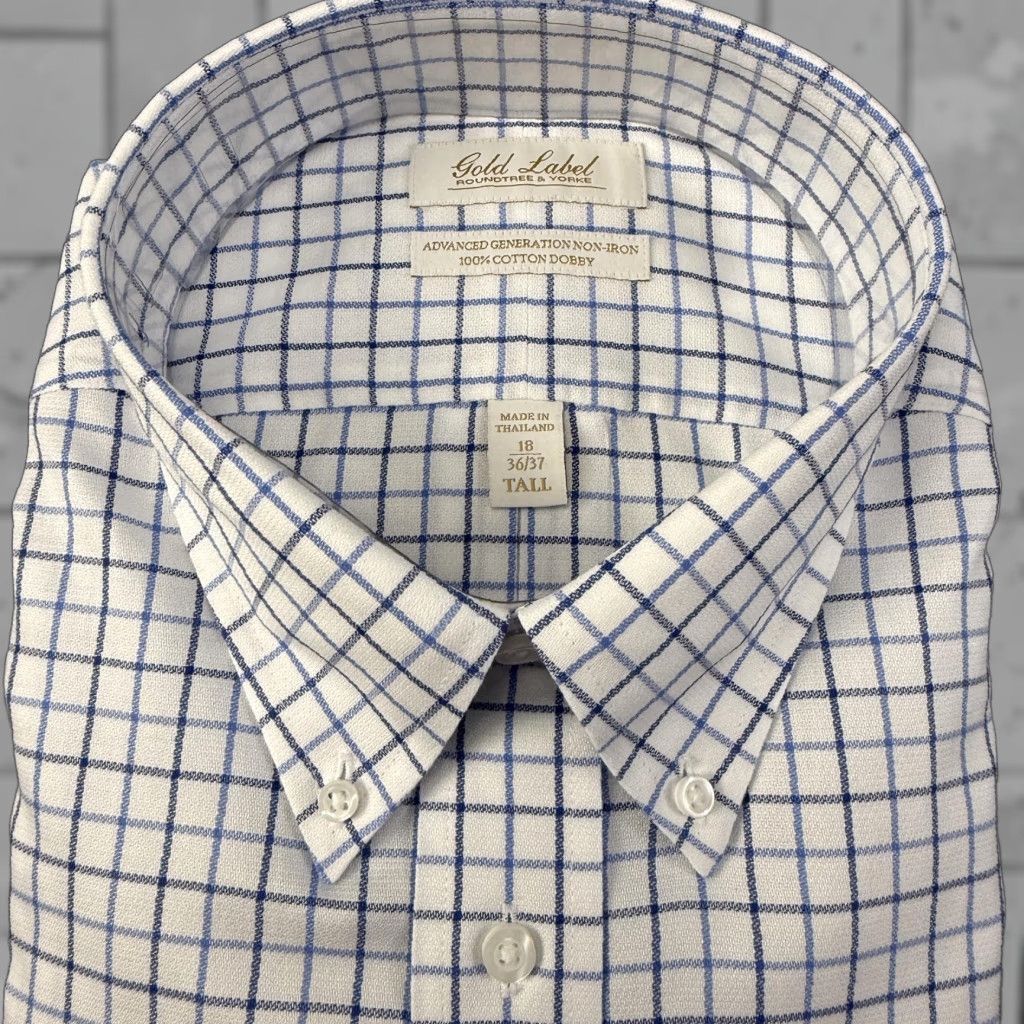 VINTAGE Roundtree & Yorke Dress Shirt Mens 18 36/37 Tall White Blue Check  Non Iron