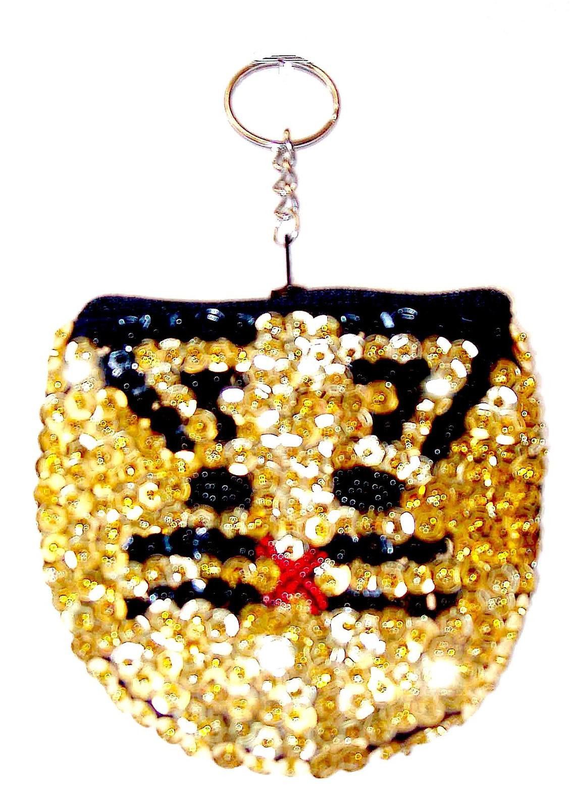 Designer Sequin Beaded Coin Purse Keychain Baby Gold Cat Size ONE SIZE - 1 Preview