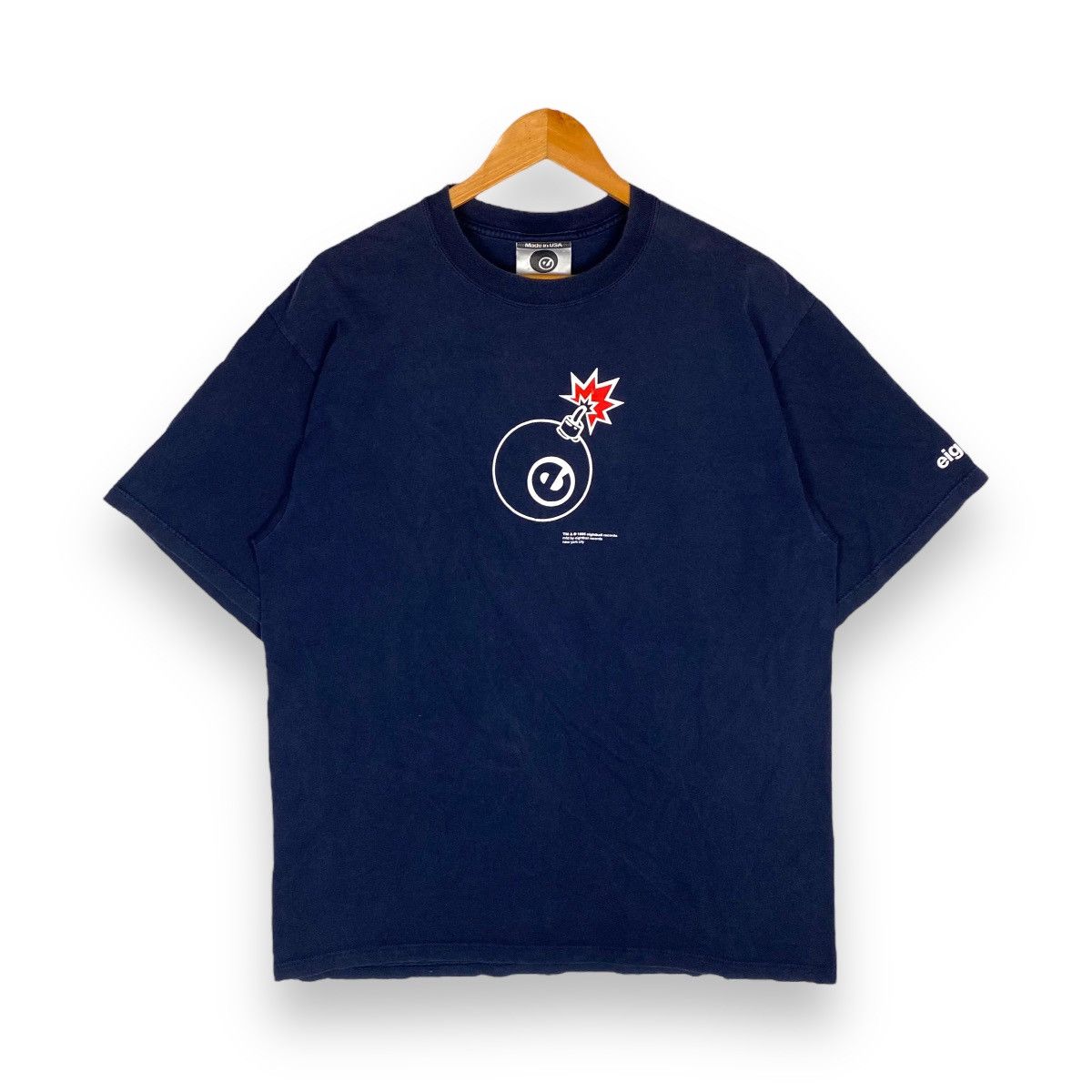 image of 8 Ball x Rap Tees 1995 Eight Ball Records New York Label House Hip-Hop Raptees in Navy (Size Large)