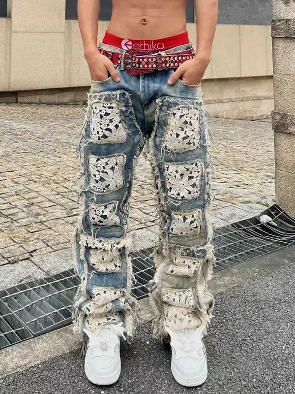 Jean Kimura x Fujii Floral Patchwork Distressed Baggy Denim Jeans Size US 30 / EU 46 - 1 Thumbnail