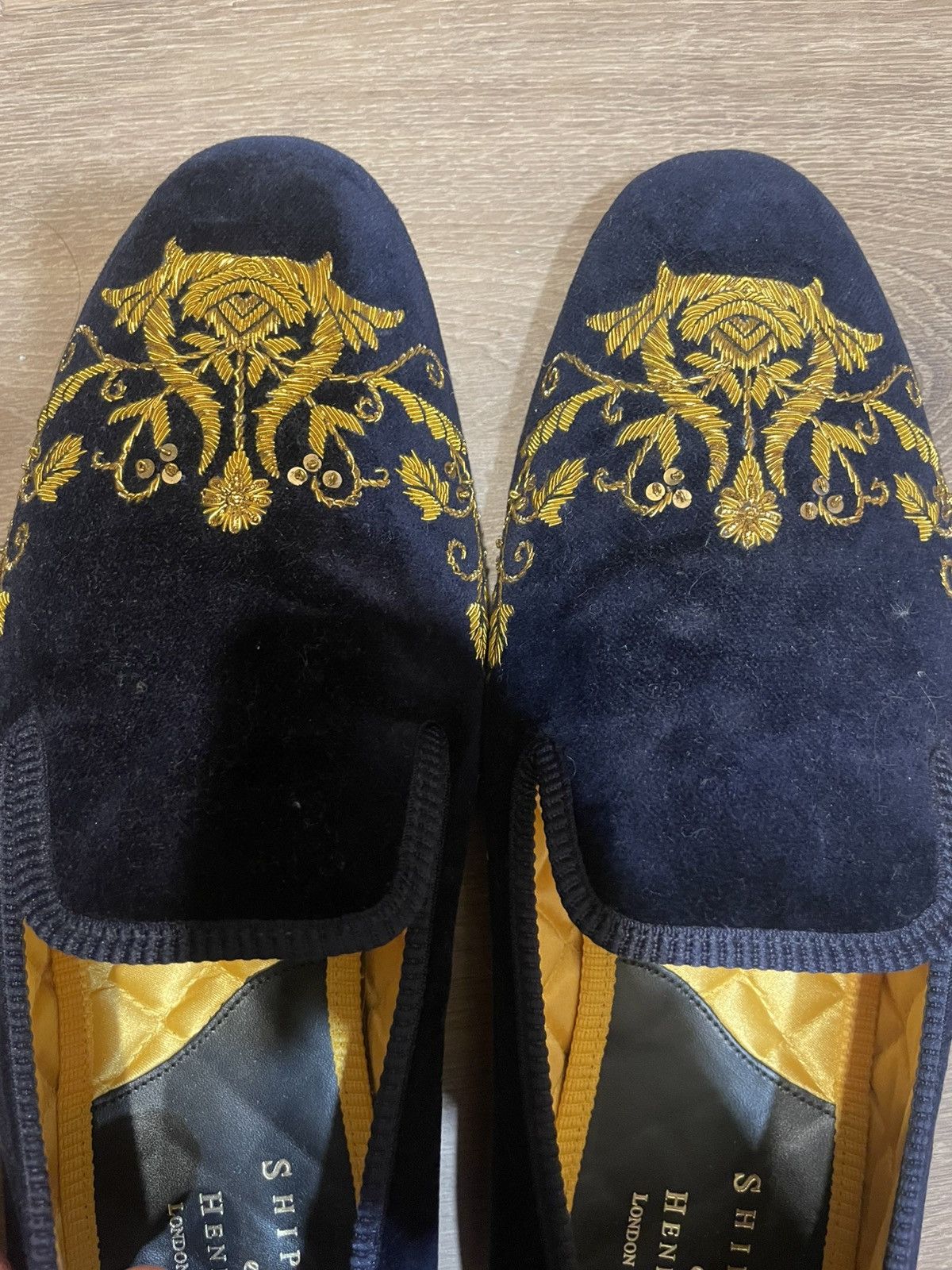 Shipton & Heneage Blue velvet Albert slipper/loafer gold tulip Size US 13 / EU 46 - 9 Thumbnail