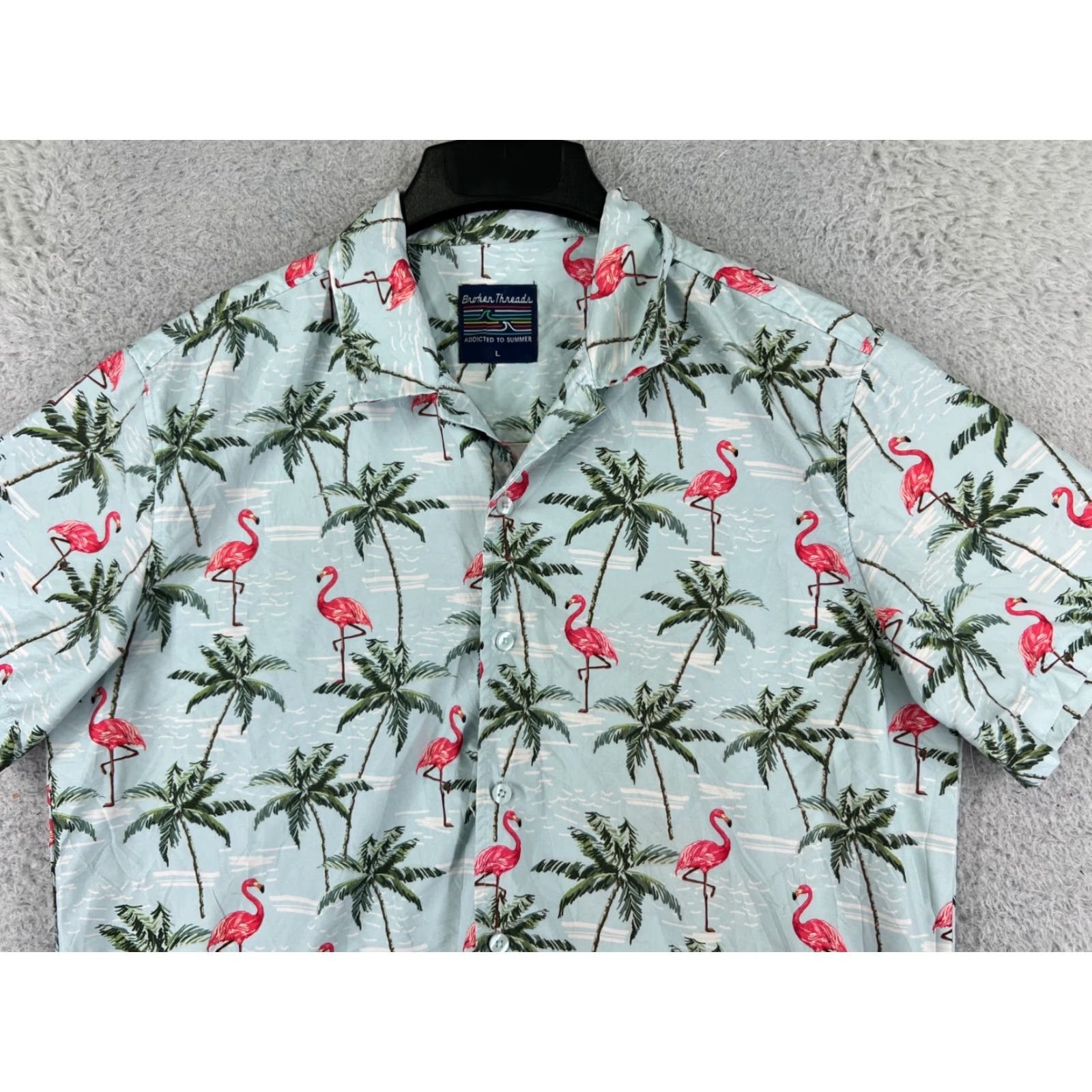 Vintage VINTAGE Brother Threads Shirt Adult Large Blue Palm Pink Flamingo Print Button Up Poly Size US L / EU 52-54 / 3 - 4 Thumbnail