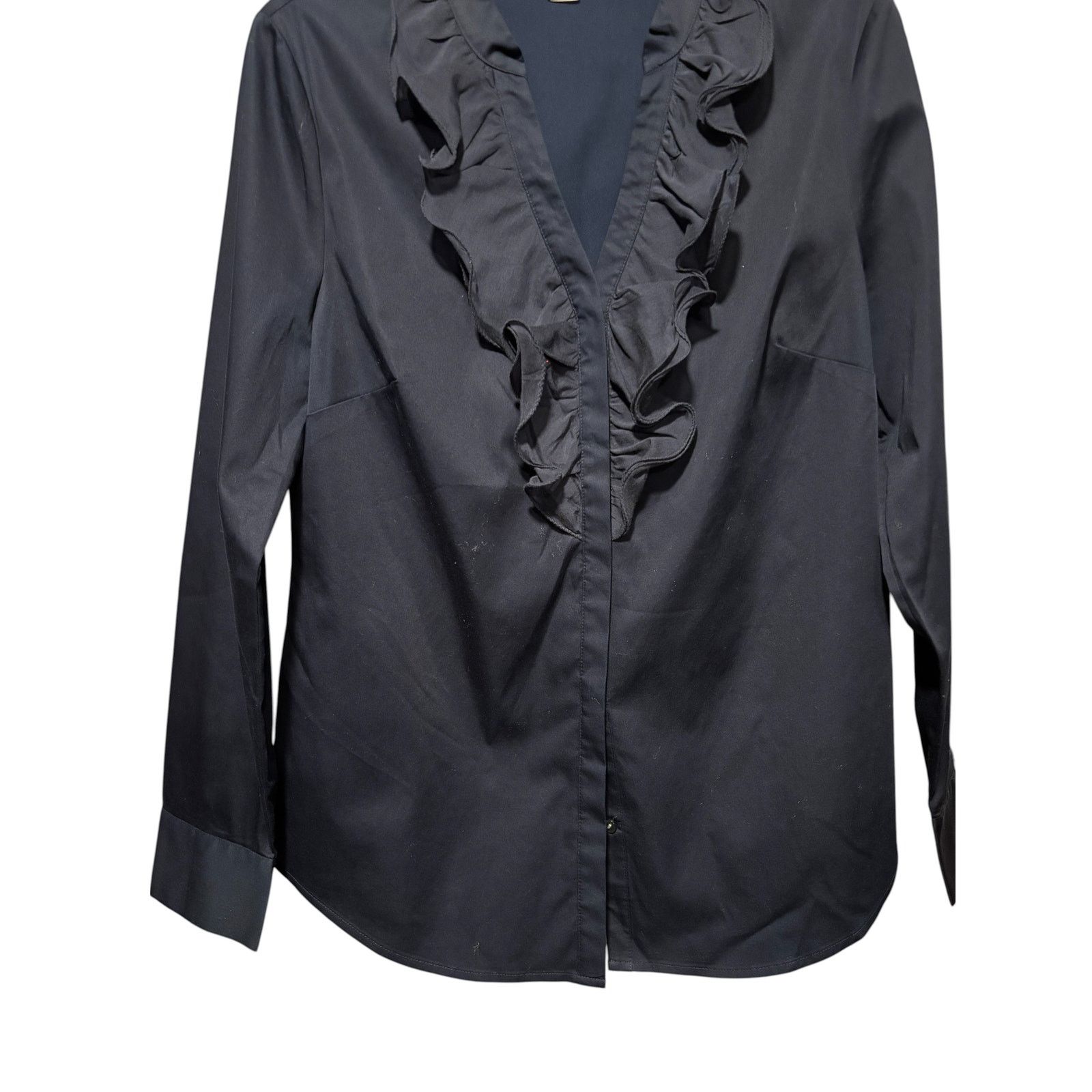 Ann Taylor Ann Taylor Loft Navy Blu Front Button Ruffle Top Long Sleeve Size XL / US 12-14 / IT 48-50 - 2 Thumbnail