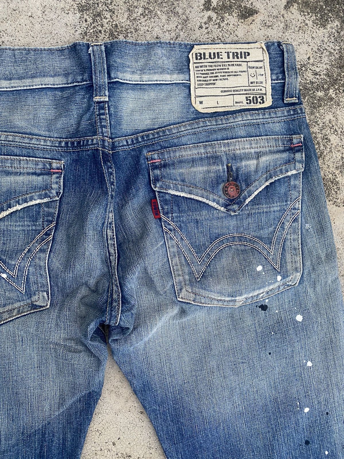 Edwin × Vintage Flare Jeans Edwin Blue Trip Distressed Painted Bootcut Size US 35 - 21 Thumbnail
