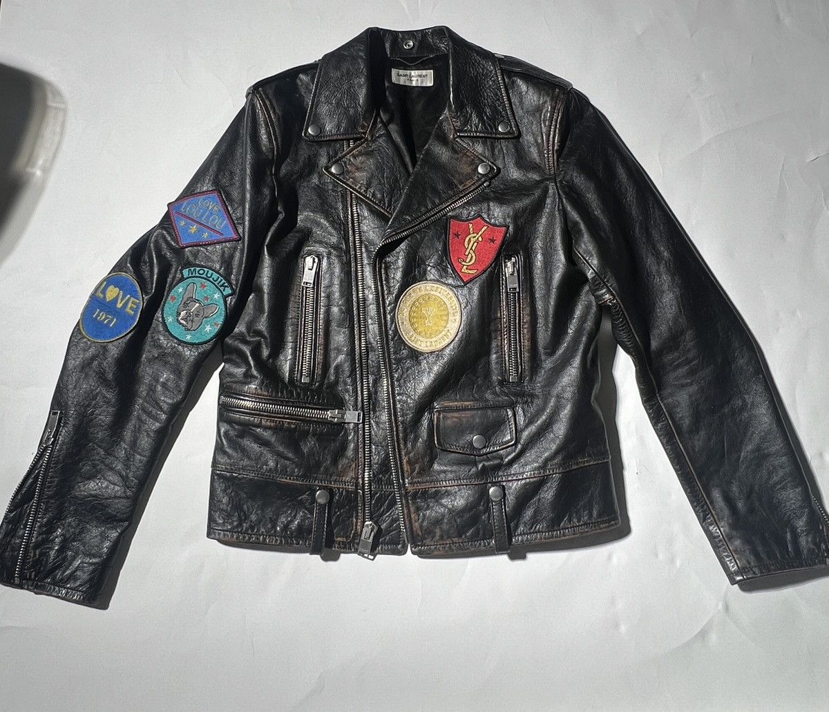 Saint laurent patch hot sale leather jacket