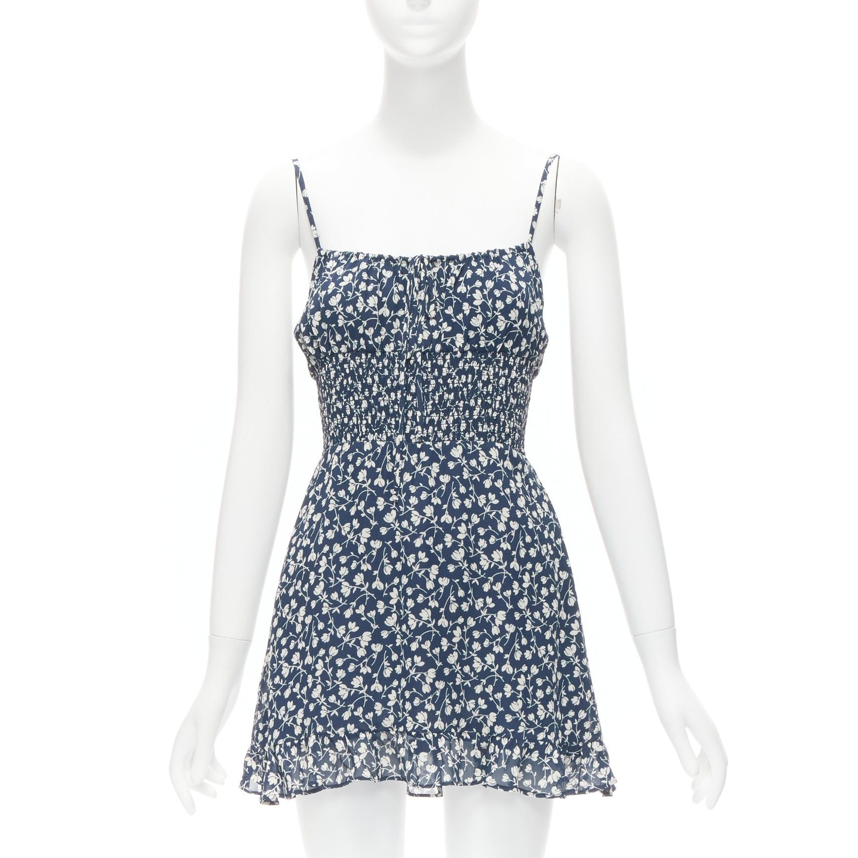 Reformation REFORMATION Elyse white navy floral print smocked bodice mini dress US2 S Size S / US 4 / IT 40 - 1 Thumbnail