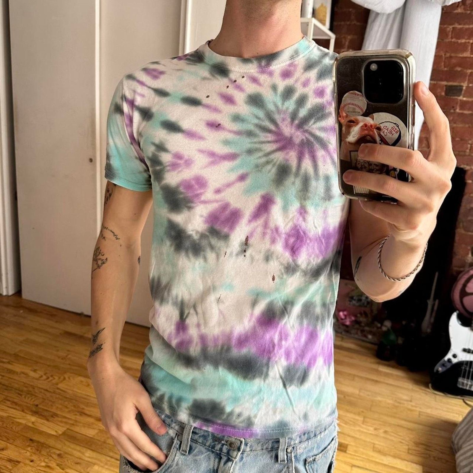 Vintage Vintage Tight Purple Blue Tie Dye Blank Basic Shirt Top Size US S / EU 44-46 / 1 - 1 Thumbnail