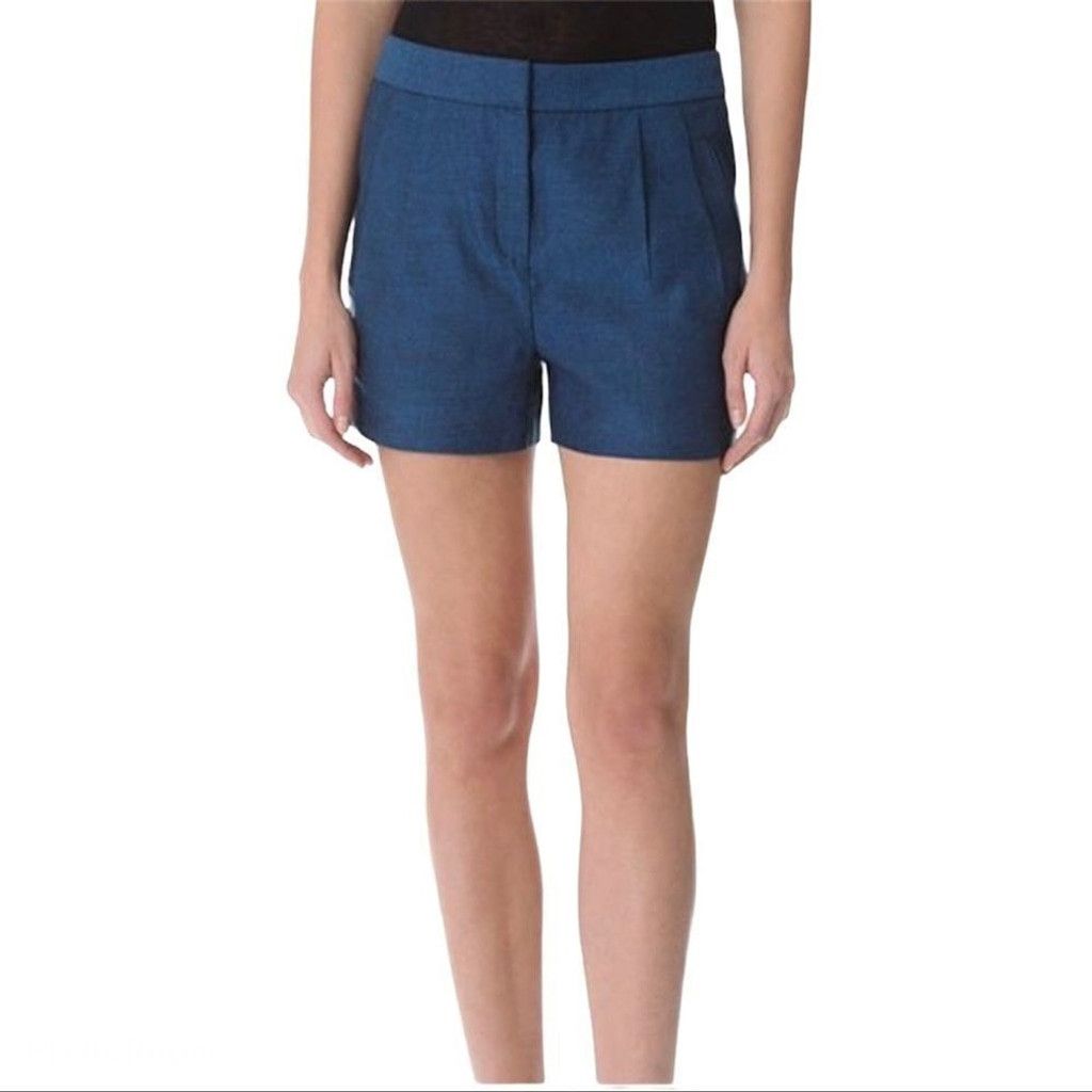 T by Alexander Wang Alexander Wang Blue Mid-Rise Pleated Linen Blend Shorts S Size 30" / US 8 / IT 44 - 2 Thumbnail