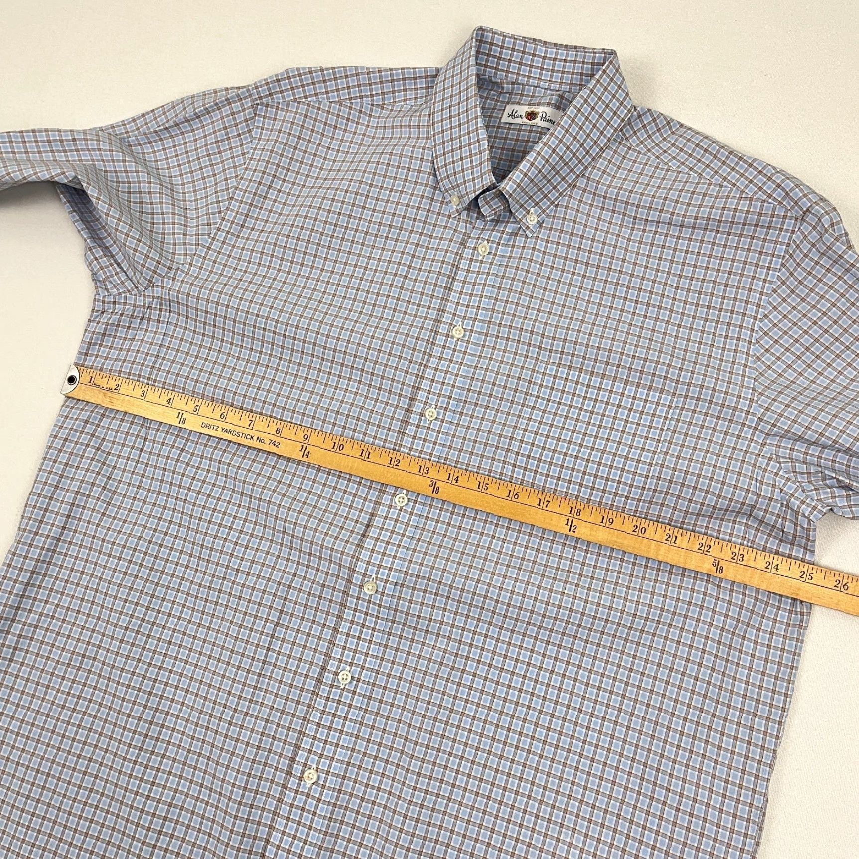 Vintage Alan Paine England Mens XL Blue Brown Plaid Button Down Shirt Business Casual Formal Workwear Shirt Size 46R - 6 Thumbnail