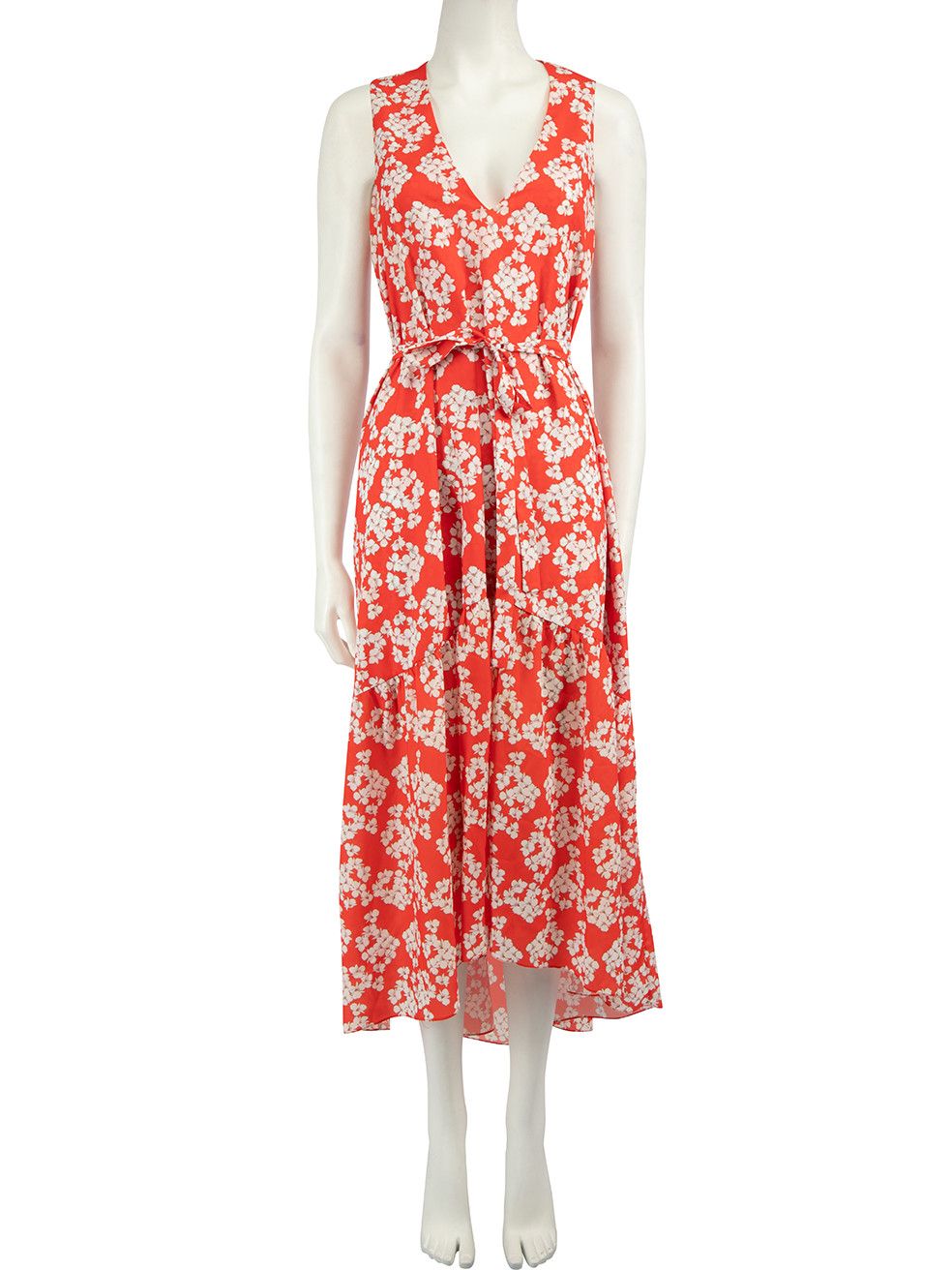 Red Floral Pattern Belted Midi Dress