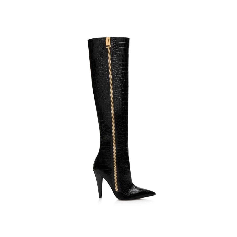 Tom Ford o1loc1c1124 W3295 Croc Effect Leather Knee-Hi Boots in Black Size US 7 / IT 37 - 1 Thumbnail
