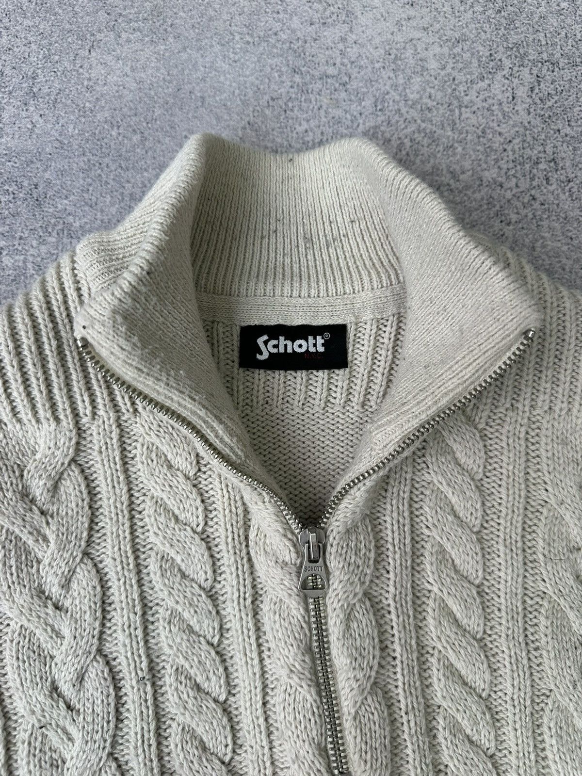 Schott × Vintage Vintage Schott Beige 1/4 Zip Knitted Sweater Size US L / EU 52-54 / 3 - 4 Thumbnail