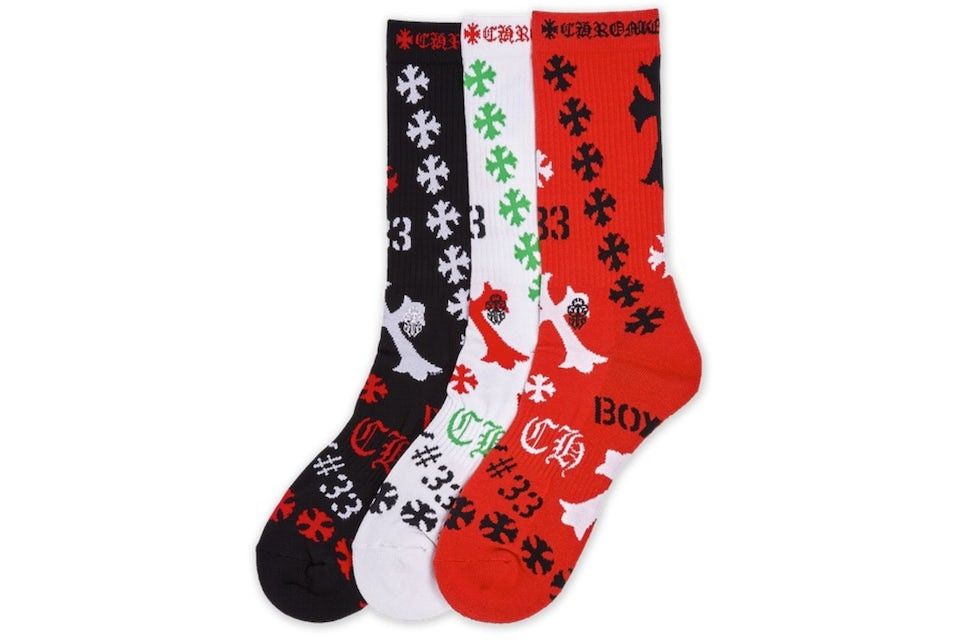 chrome hearts CH Stencil Socks 3 pack black white red Large