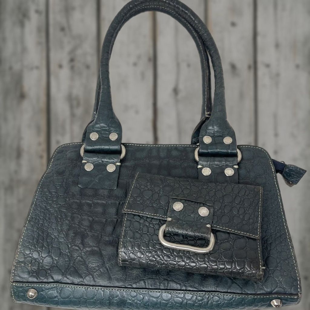 Vintage Prune Designer Leather Handbag Satchel Medium Blue Crocodile Emboss Elegant Womens