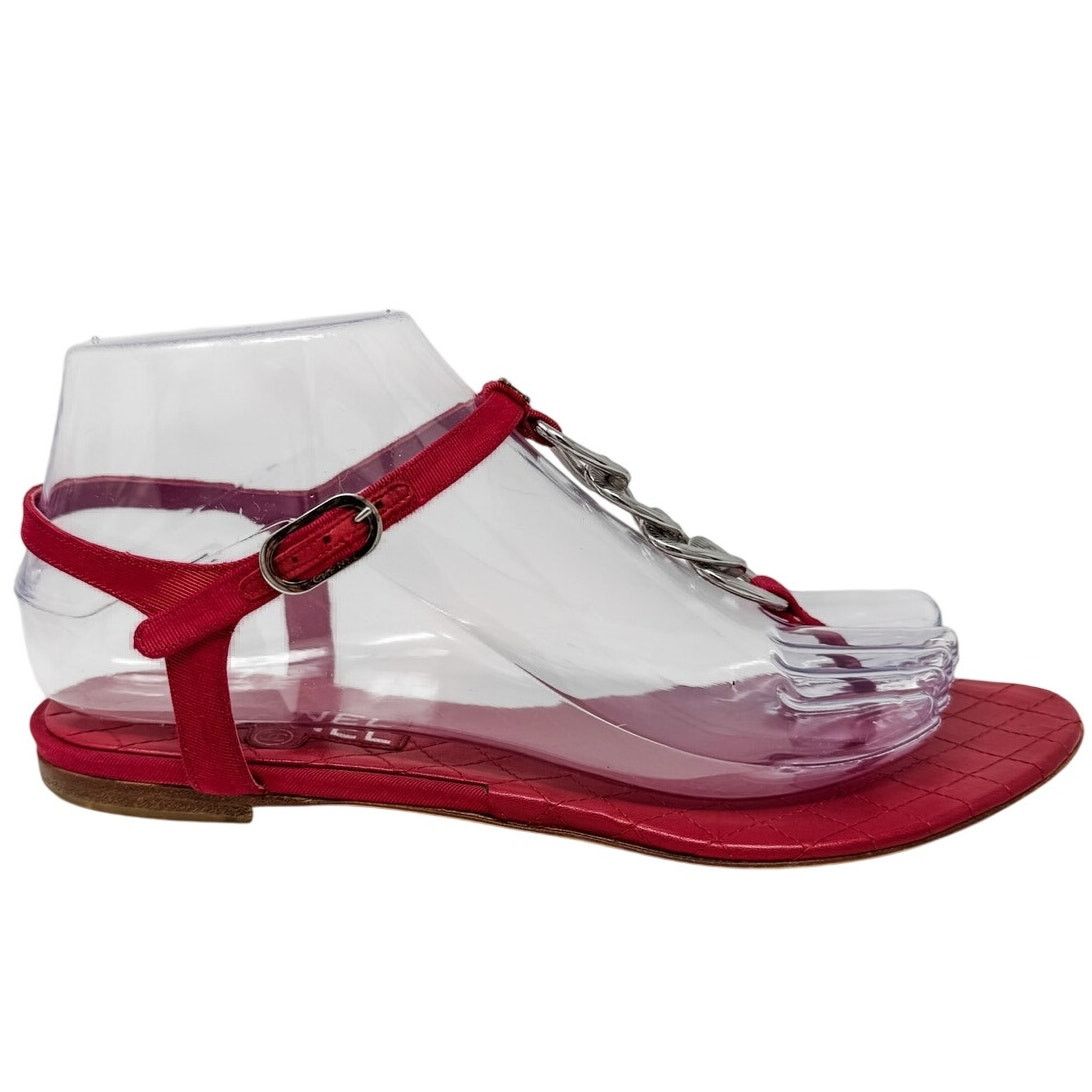 Chanel Chanel Red Silver Chain T Strap CC Logo Flat Sandals sz 37.5 Size US 7.5 / IT 37.5 - 13 Thumbnail