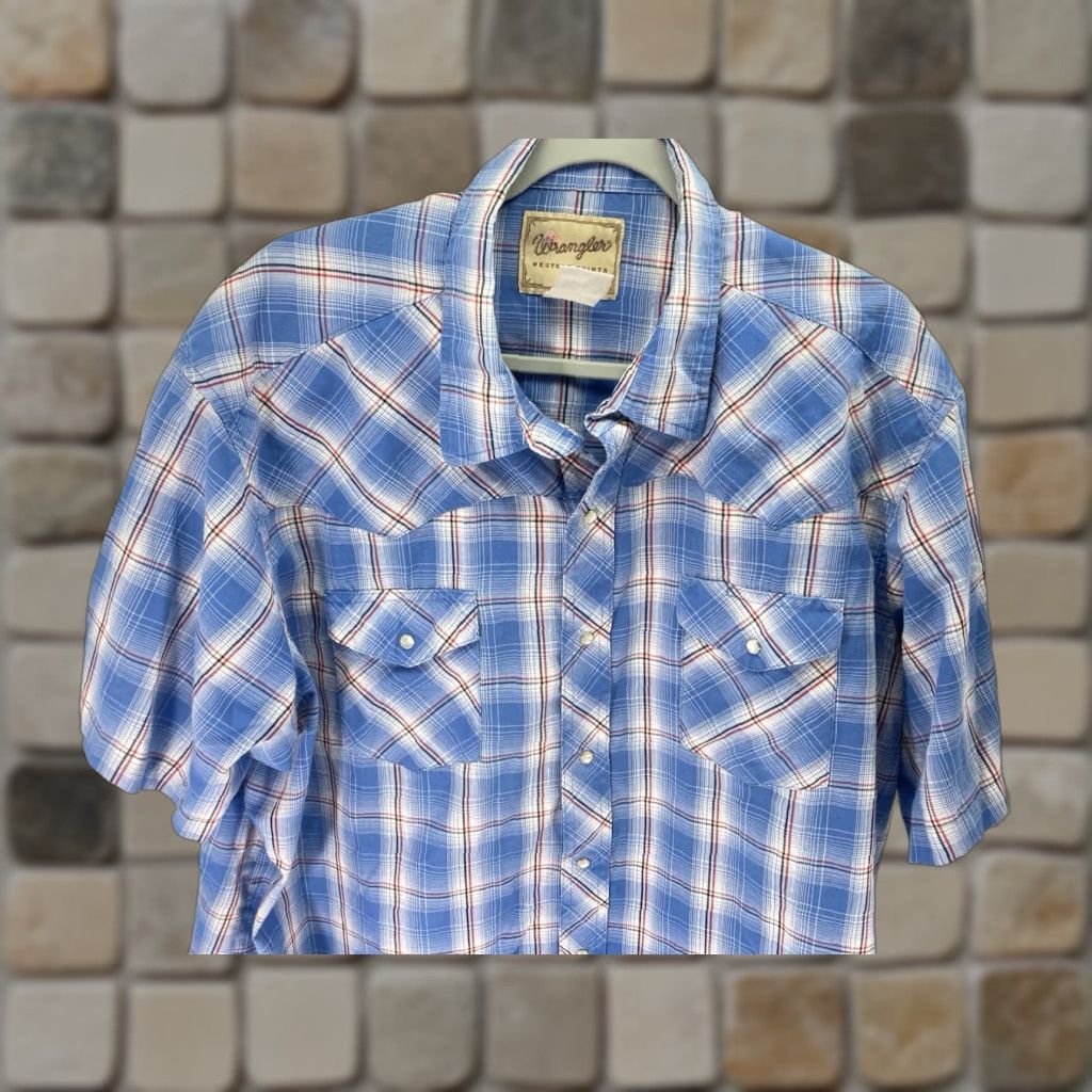 Wrangler VINTAGE Wrangler Pearl Snap Western Shirt Men 2XL Blue Short Sleeve Plaid Metallic Thread Pearl Snap Shirt Mens Western 2XL Blue Sleeve Short Size US XXL / EU 58 / 5 - 1 Thumbnail