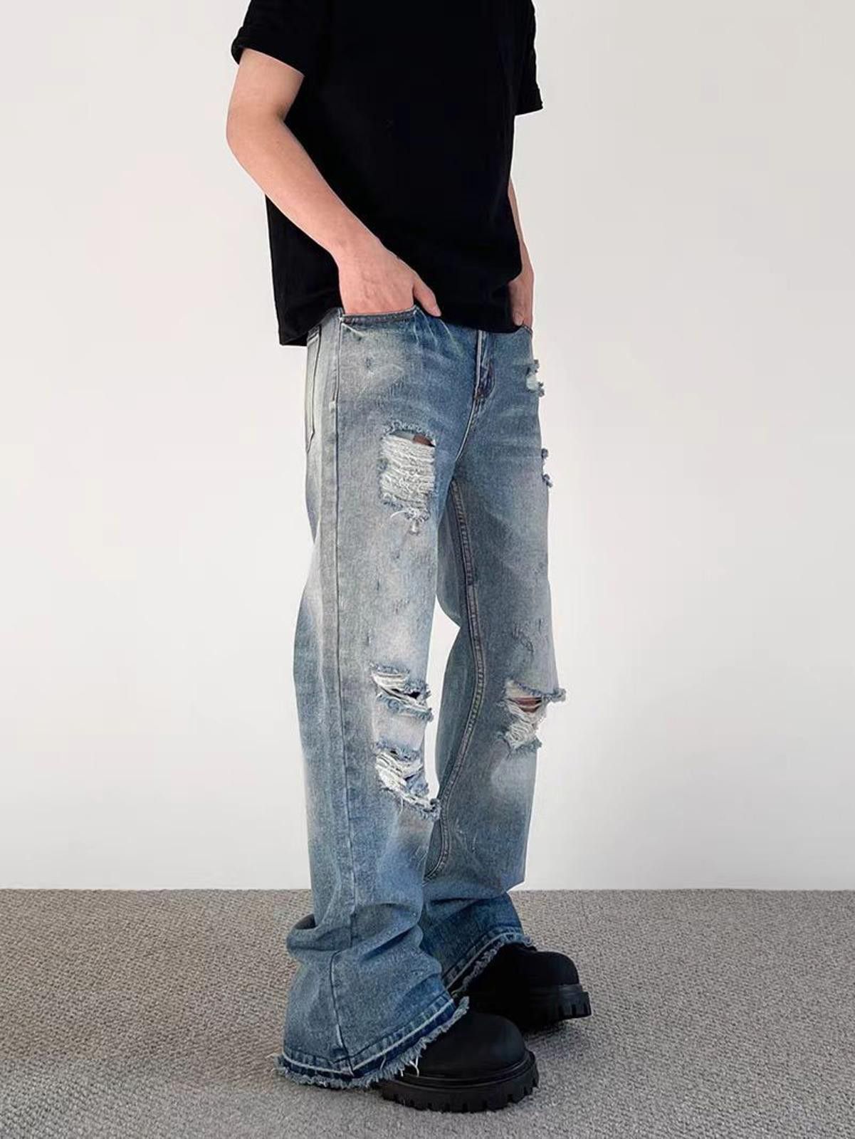 Vintage Blue Distressed Ripped Stacked Flared Jeans Size US 32 / EU 48 - 2 Thumbnail