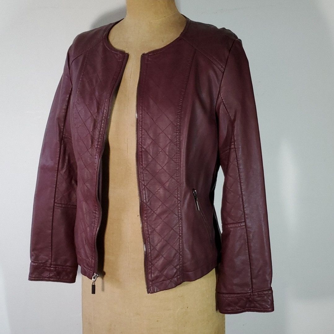 Alfani Alfani Size M NEW Moto Jacket Faux Leather Burgundy Quilted Size M / US 6-8 / IT 42-44 - 4 Thumbnail