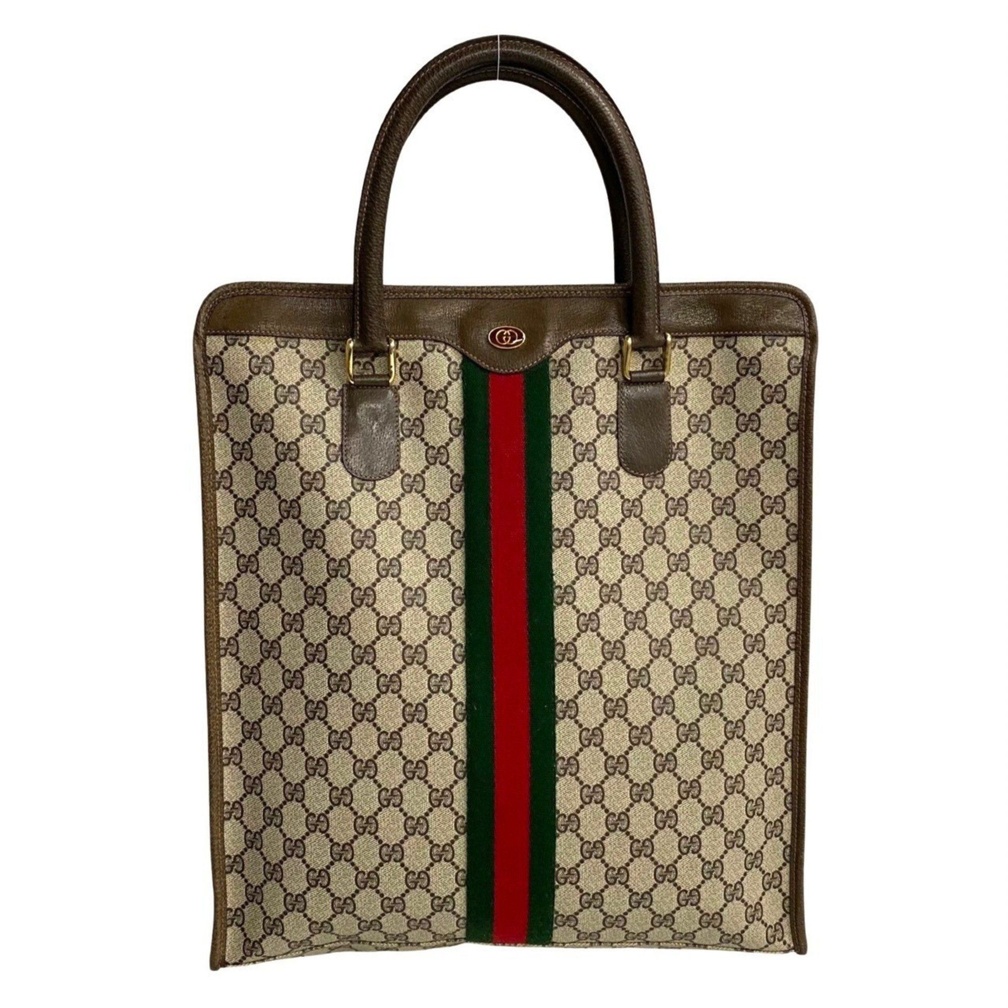 image of Gucci Old Sherry Line GG Hardware Leather Tote Bag Storage Brown 36502, Women's