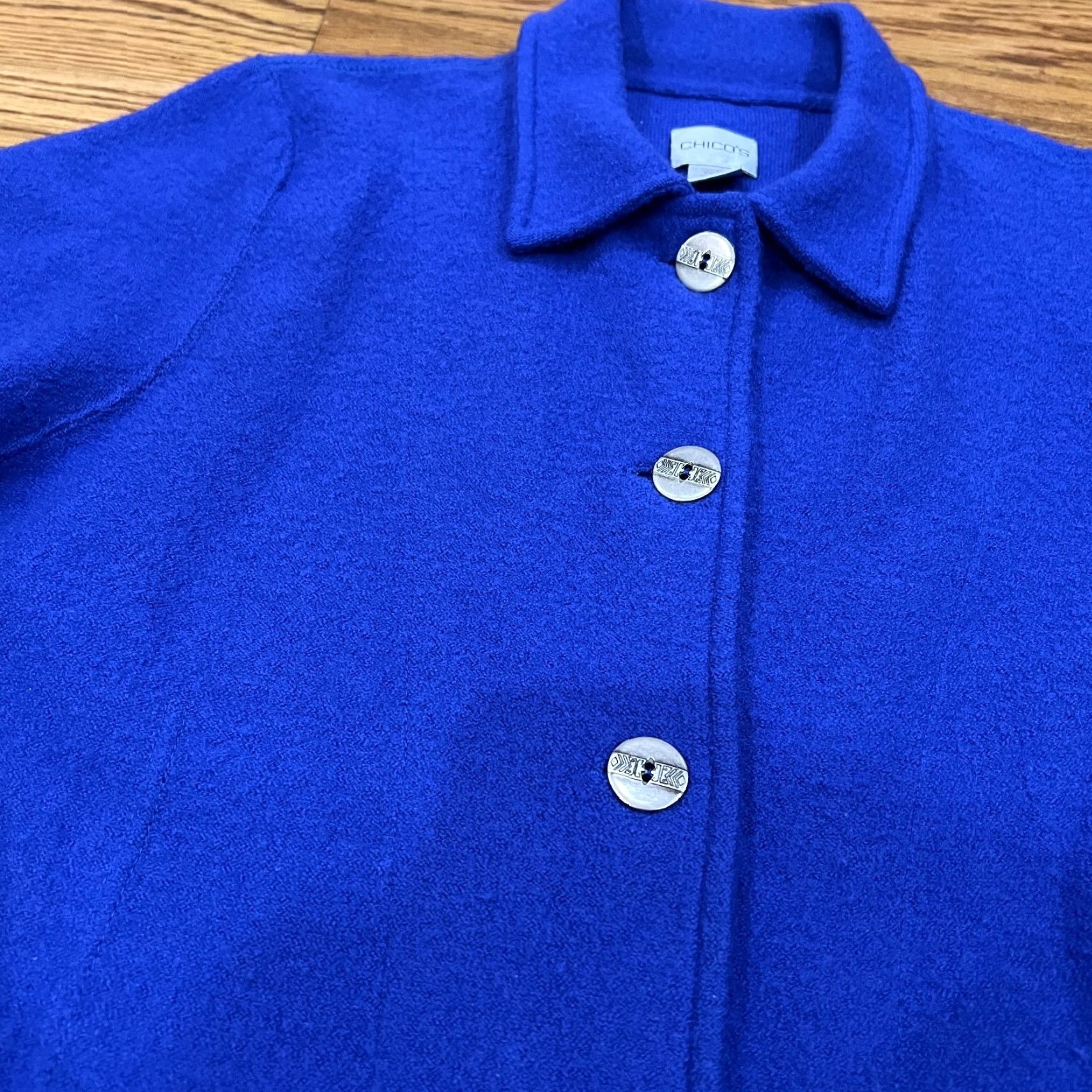 Vintage Chicos Coat Women’s Blue Mid-Length Pea Coat 0 Wool Formal Dry Clean Only Button Double Breasted Size XS / US 0-2 / IT 36-38 - 3 Thumbnail