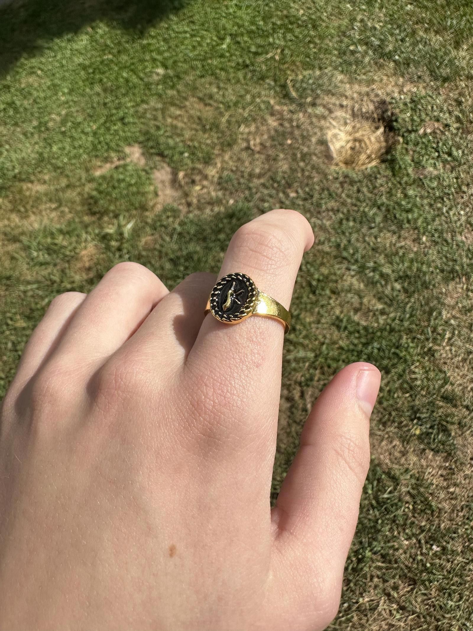 Jewelry Gold Black Enamel Insignia Ring Size 8.5 Size ONE SIZE - 2 Thumbnail