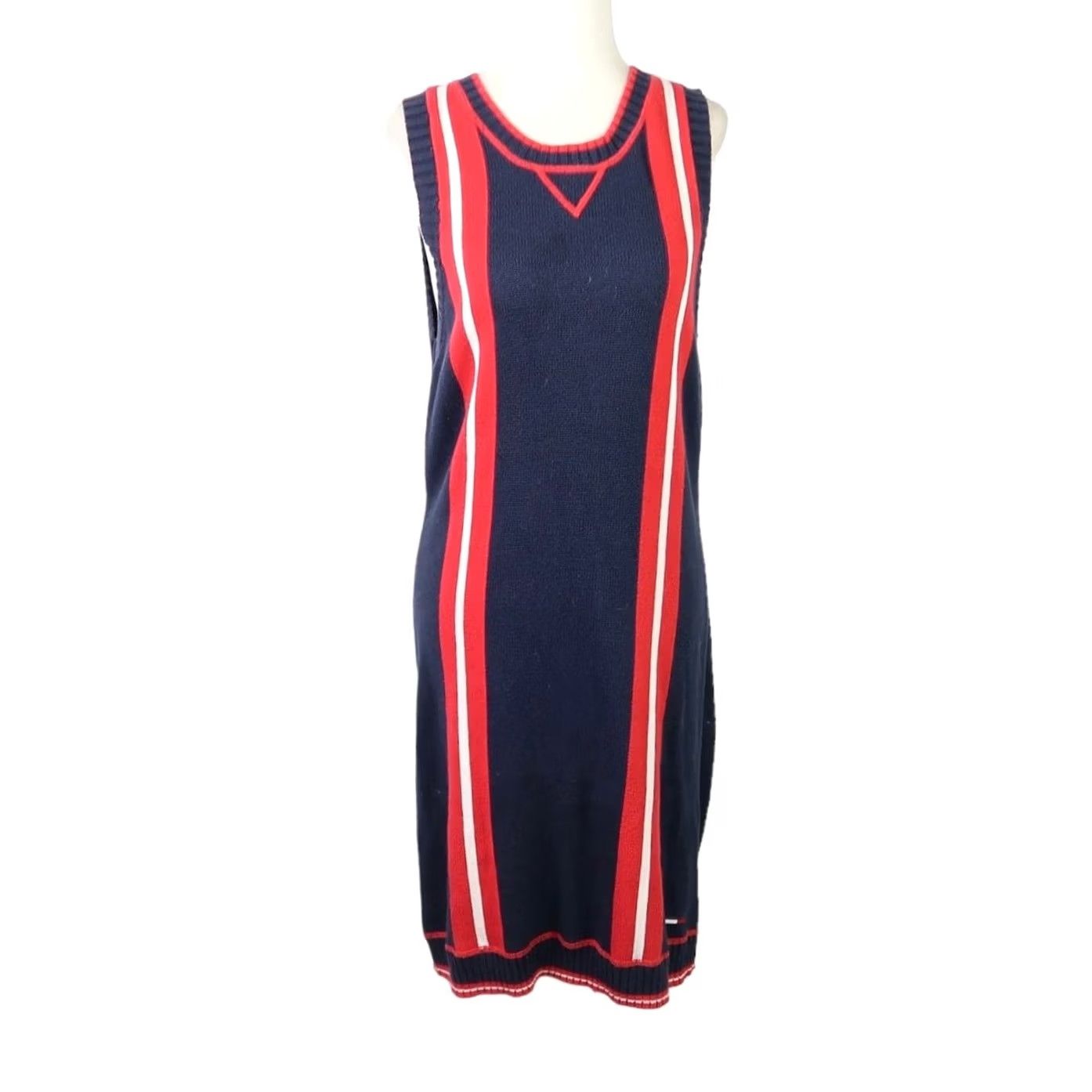 Tommy Hilfiger VINTAGE Tommy Hilfiger Sweater Dress Navy Blue Red Stripe 90s Cotton Knit Sleeveless Knee Length L Womens Size L / US 10 / IT 46 - 2 Thumbnail