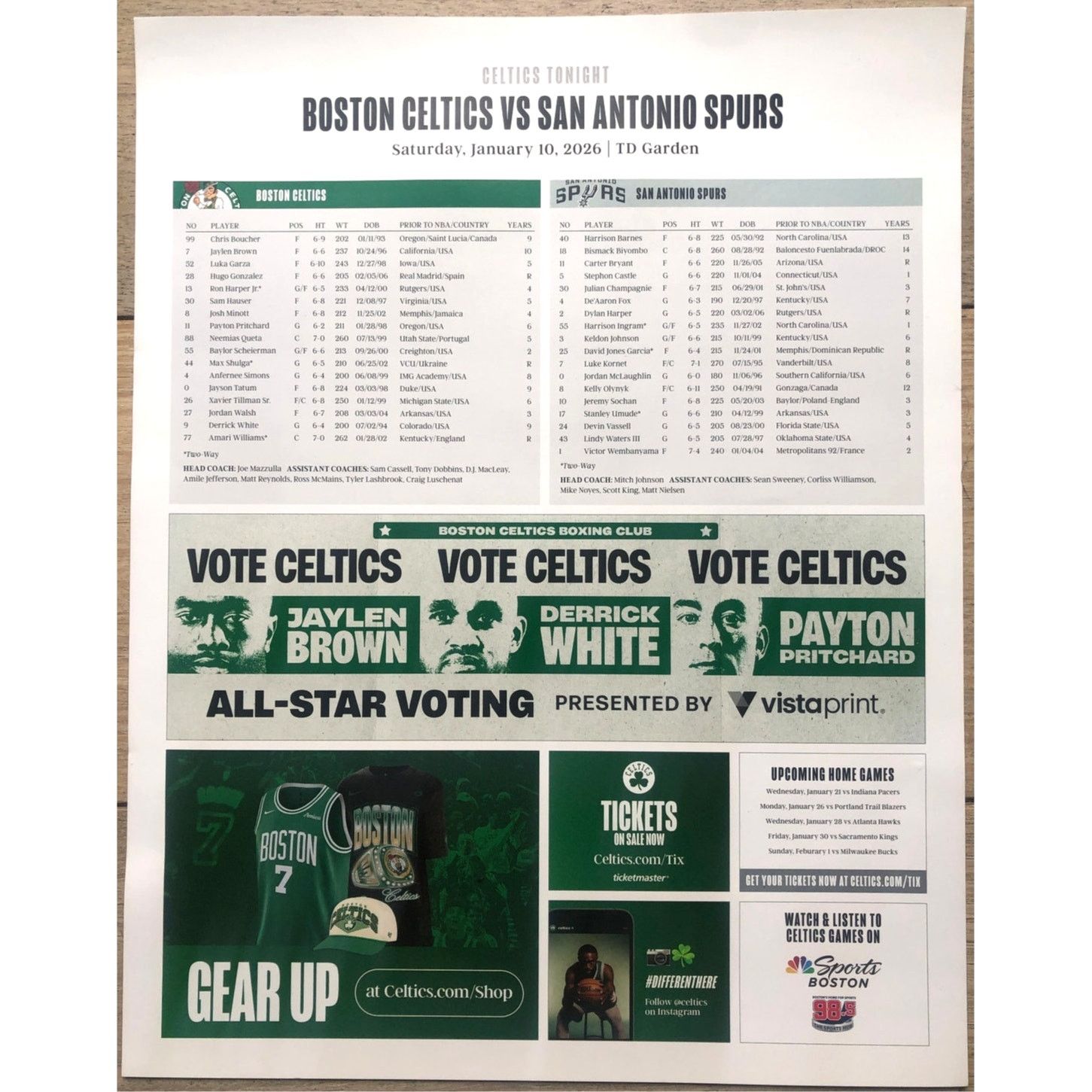 NBA Boston Celtics v San Antonio Spurs 1/10/26 Poster Minott Size ONE SIZE - 2 Thumbnail