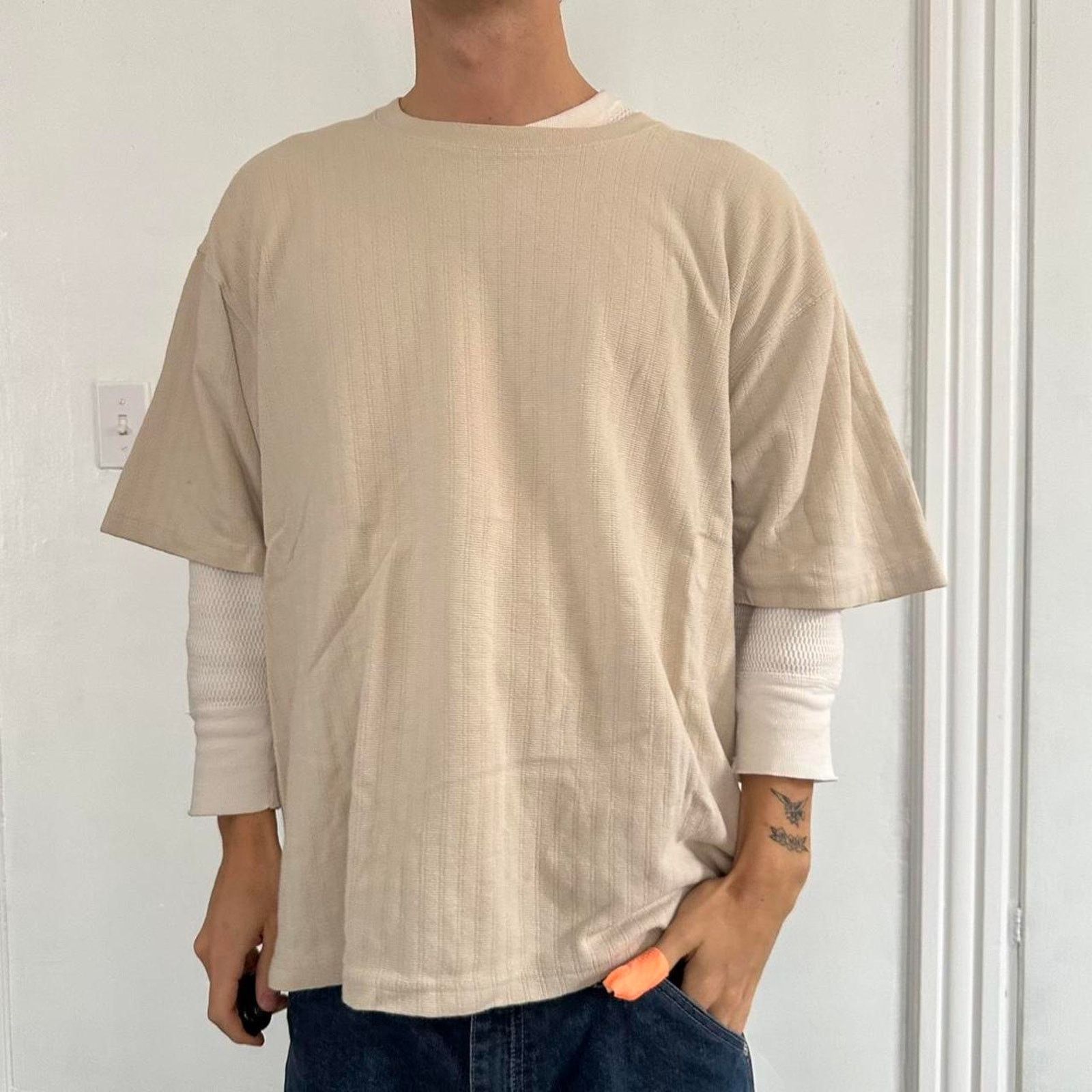 Vintage Vintage Y2K Striped Boxy Oversized Blank Cream Tan Shirt Top Size US XXL / EU 58 / 5 - 2 Thumbnail