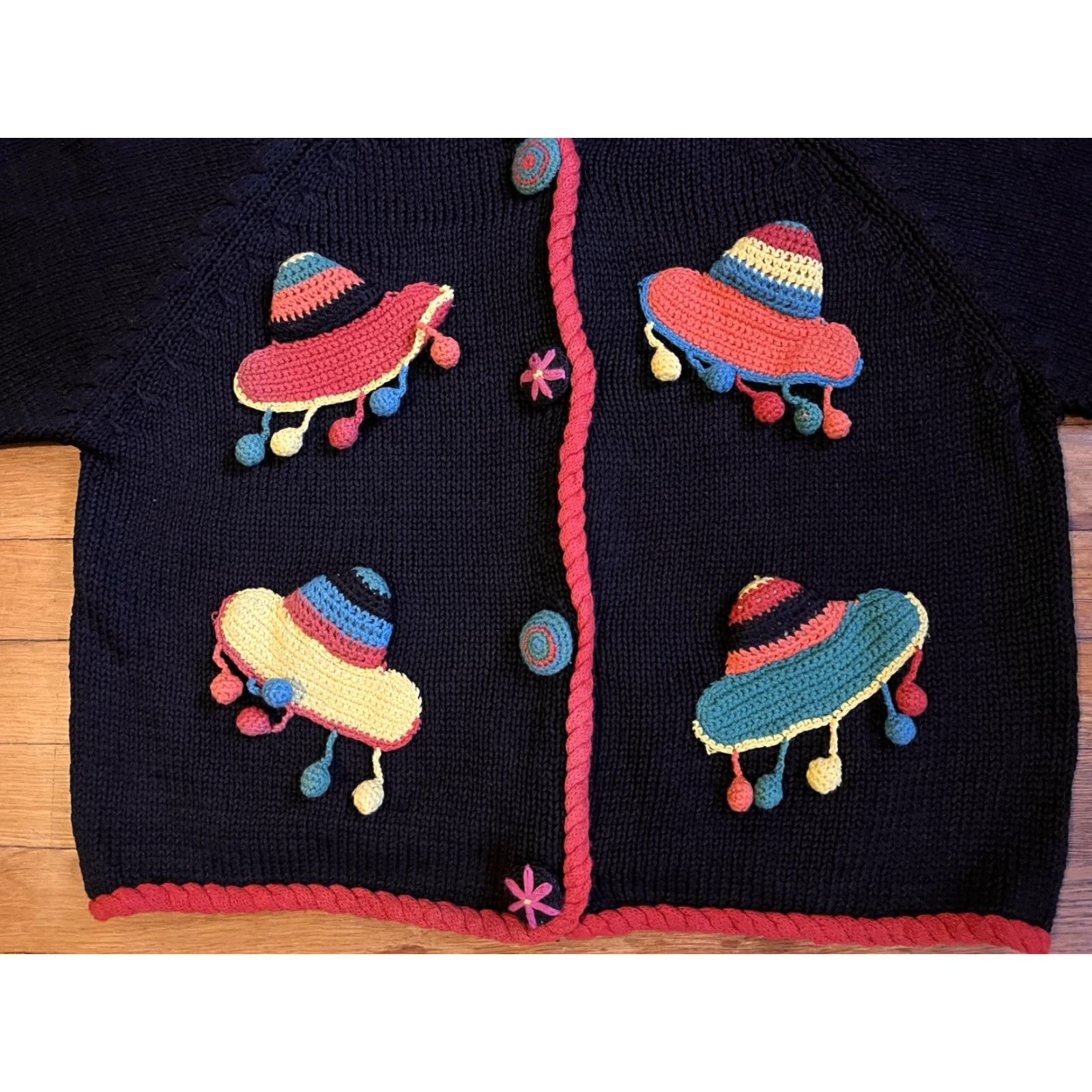 Vintage VINTAGE Croquet Club Cardigan Sweater Women’s M Black Damaged 80s 90s Retro Crochet Button Casual Party/Cocktail Sundry? Size M / US 6-8 / IT 42-44 - 3 Thumbnail