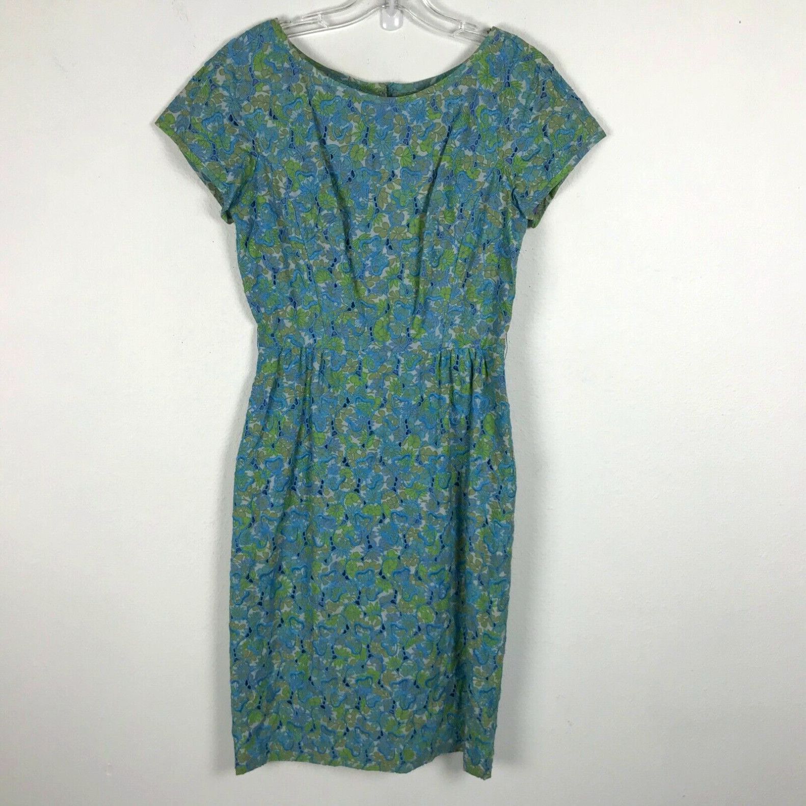 image of Vintage 1950S 60S Dress Blue Green Size S Floral Embroidered Butterflies Sheath in White, Women's