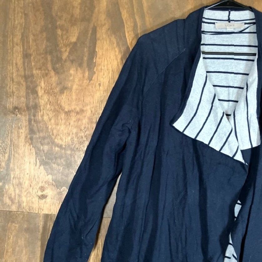 Loft Ann Taylor LOFT Womens Cardigan Navy Blue Striped Open Draped Knit Sweater L Size L / US 10 / IT 46 - 4 Thumbnail