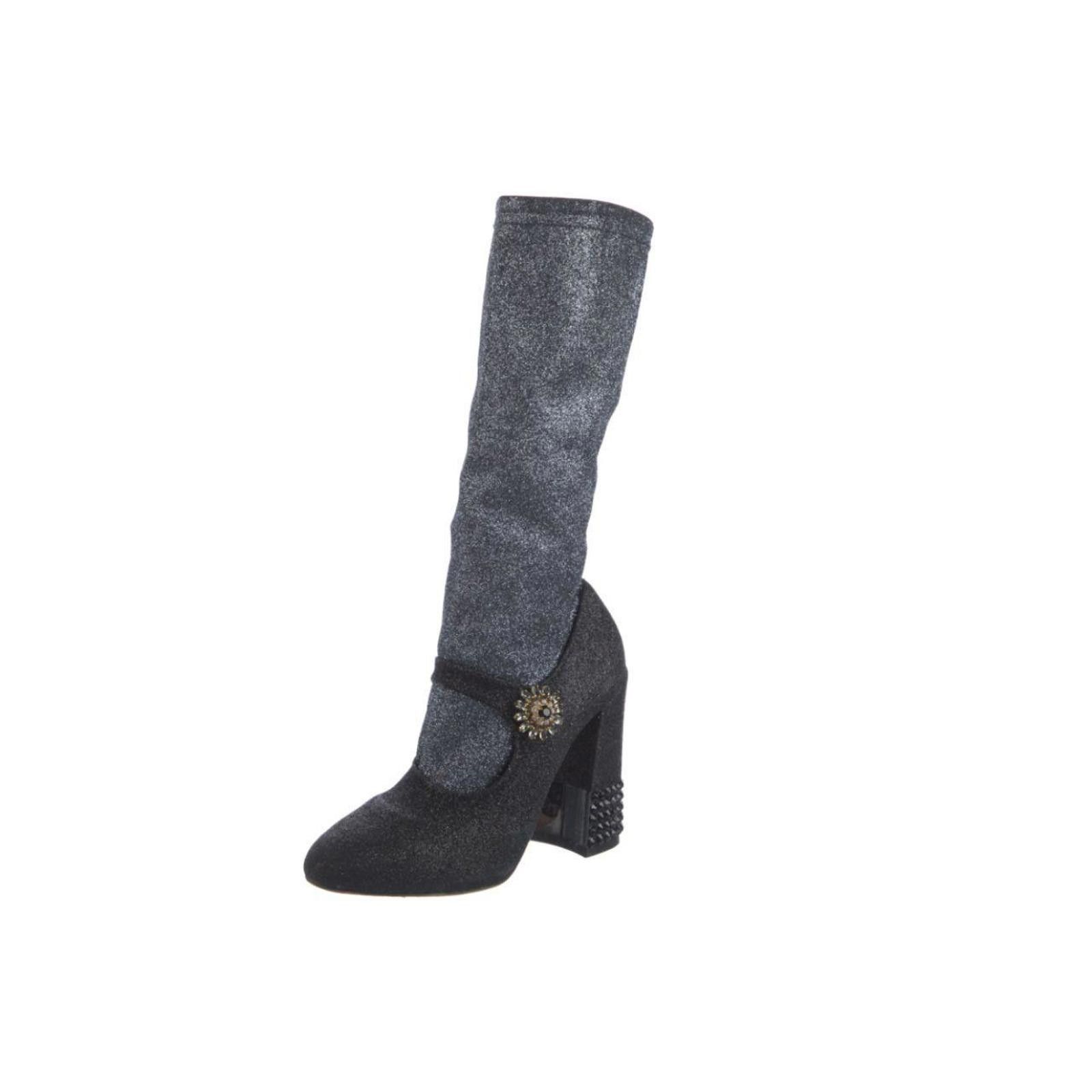 Dolce & Gabbana Dolce & Gabbana Black Crystal Mary-Jane Knee-High Boots Size US 6.5 / IT 36.5 - 2 Thumbnail
