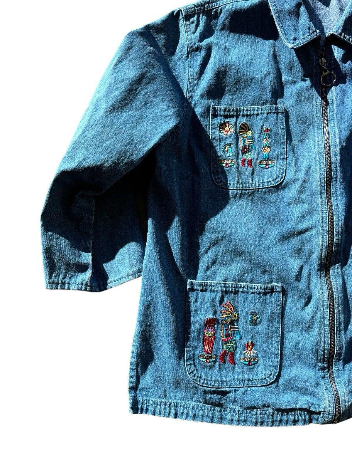 Vintage Passion 1 Kokopelli Embroidered Denim Zip Up Jacket Vintage Size XL / US 12-14 / IT 48-50 - 2 Thumbnail