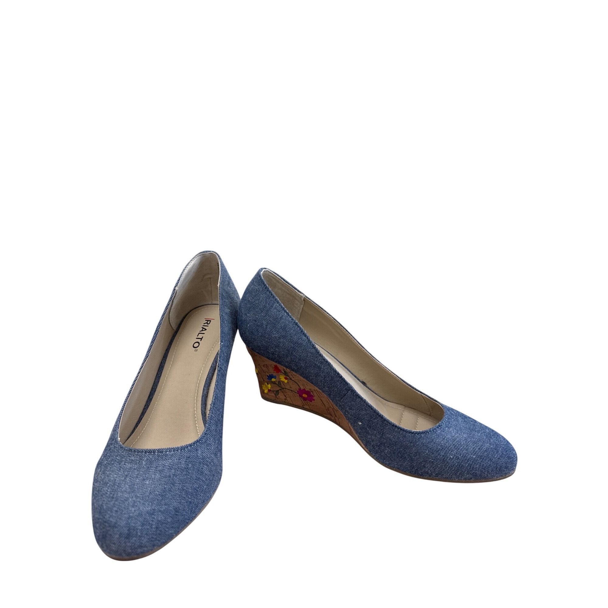 Designer Rialto Womens Blue Denim Floral Cork 3" Wedge Heel Shoes Siz Size US 9.5 / IT 39.5 - 1 Thumbnail