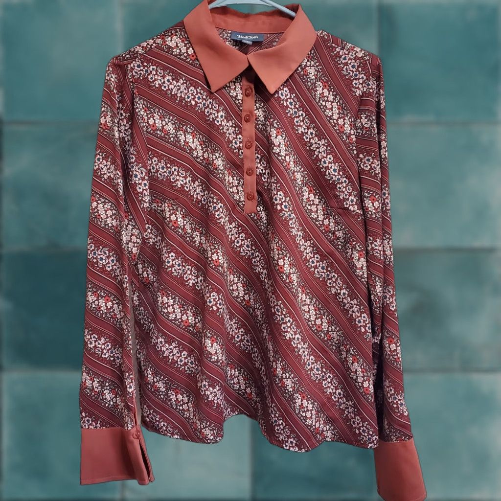 Vintage ModCloth Top Women M Burgundy Floral Stripes Collared Long Sleeve 70s Retro Blouse Size M / US 6-8 / IT 42-44 - 1 Thumbnail